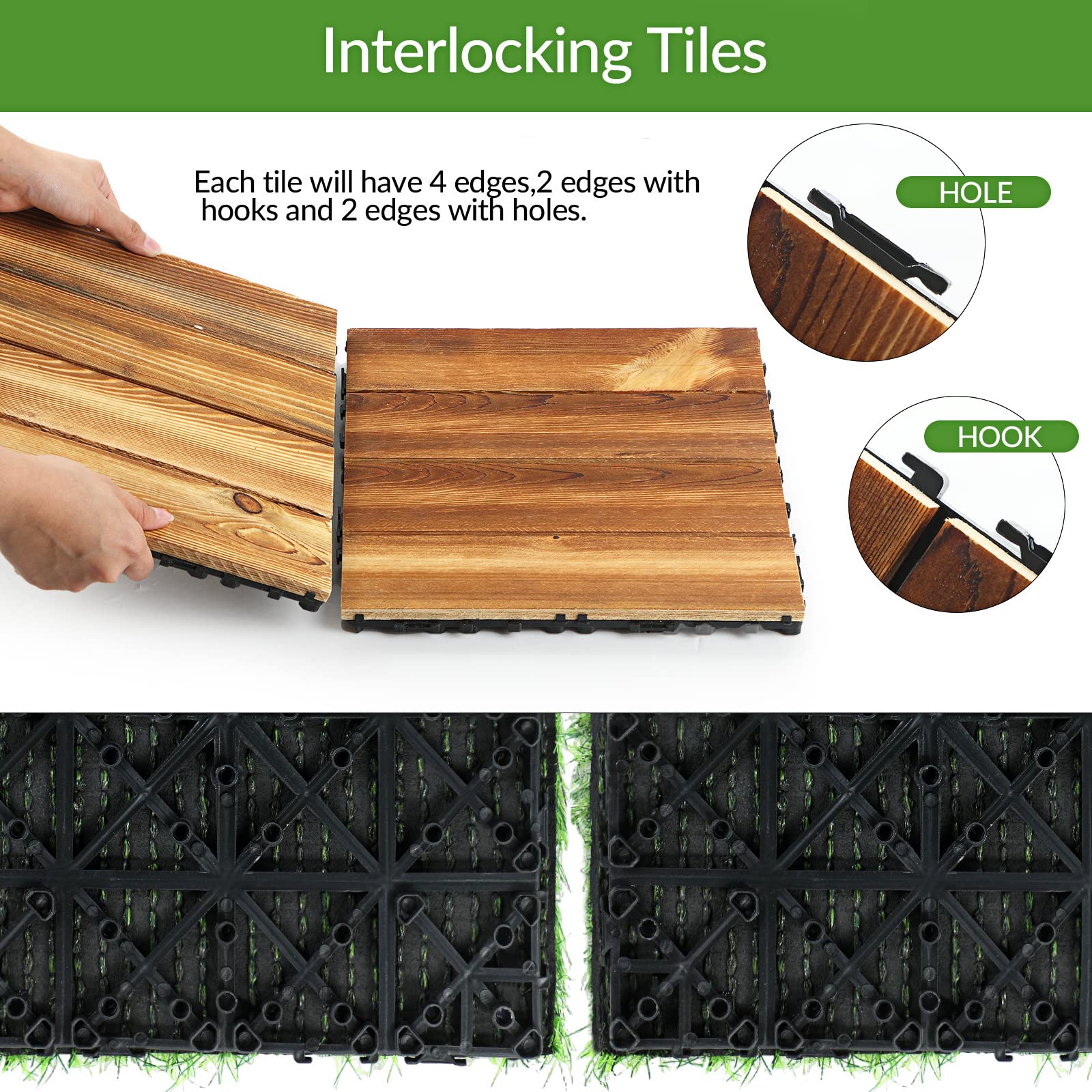 24-Piece Interlocking Hardwood Deck Tiles with Artificial Grass - 12x12 Inch Waterproof Outdoor Flooring for Patio, Balcony & Garden - Self-Draining Wood & Turf Tiles for DIY Landscaping Projects