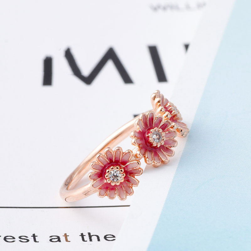 925 Sterling Silver Pink Daisy Flower Ring for Women - Elegant Bohemian Jewelry for Everyday Wear & Special Occasions