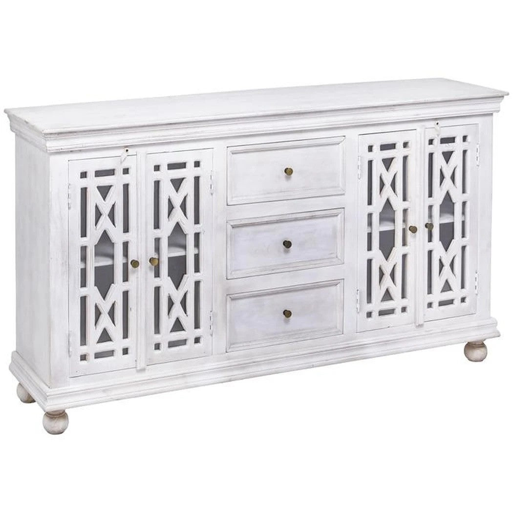 French Style Arched Hand Carved Wooden Glass Door Sideboard with 3 Drawers - White Buffet Cabinet for Dining Room, Living Room & Entryway Storage