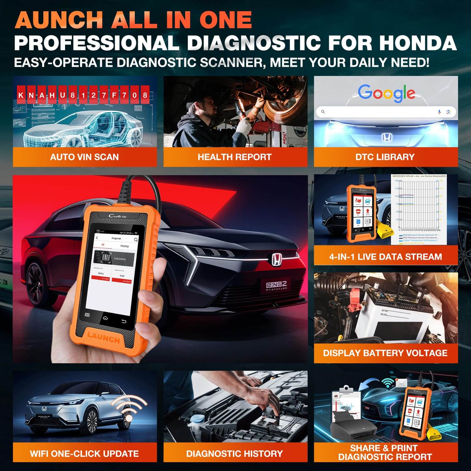 LAUNCH X431 Creader Elite OBD2 Scanner for Honda - Professional Bi-Directional Diagnostic Tool & Code Reader (Compatible with Acura, Dongfeng Honda, GAC Honda) - Perfect for Mechanics, DIY Car Repairs & Vehicle Maintenance