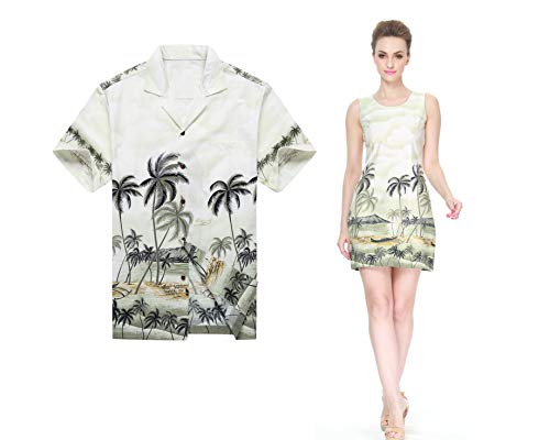 Hawaiian Couple Matching Luau Aloha Shirt & Tank Dress - Palm Edge Yellow - Tropical Vacation Outfits for Beach Party & Summer Date Night