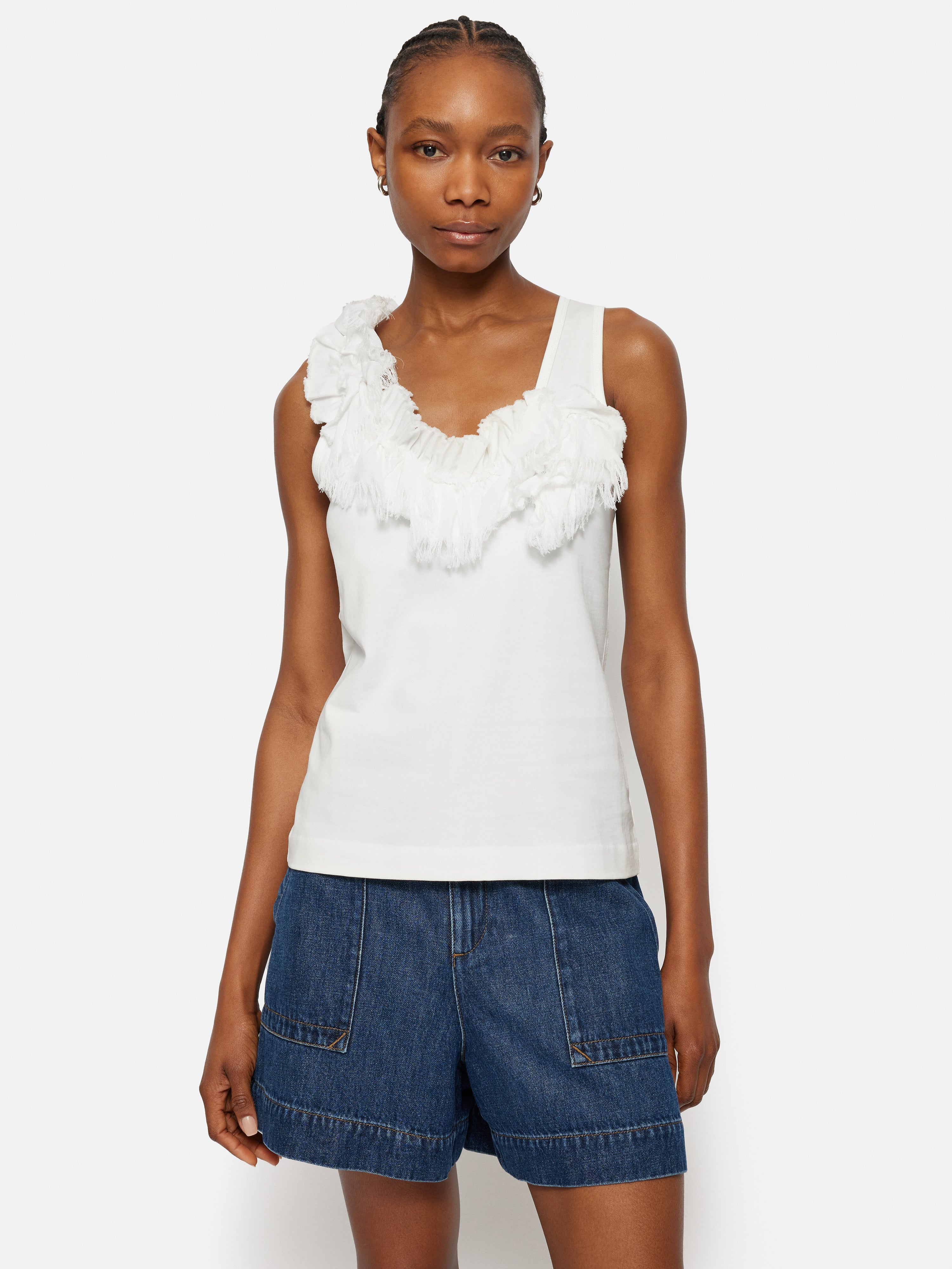 Women's White Ruffle Trim Jersey Top - Soft & Comfortable Casual Shirt for Everyday Wear, Date Night & Office Outfits