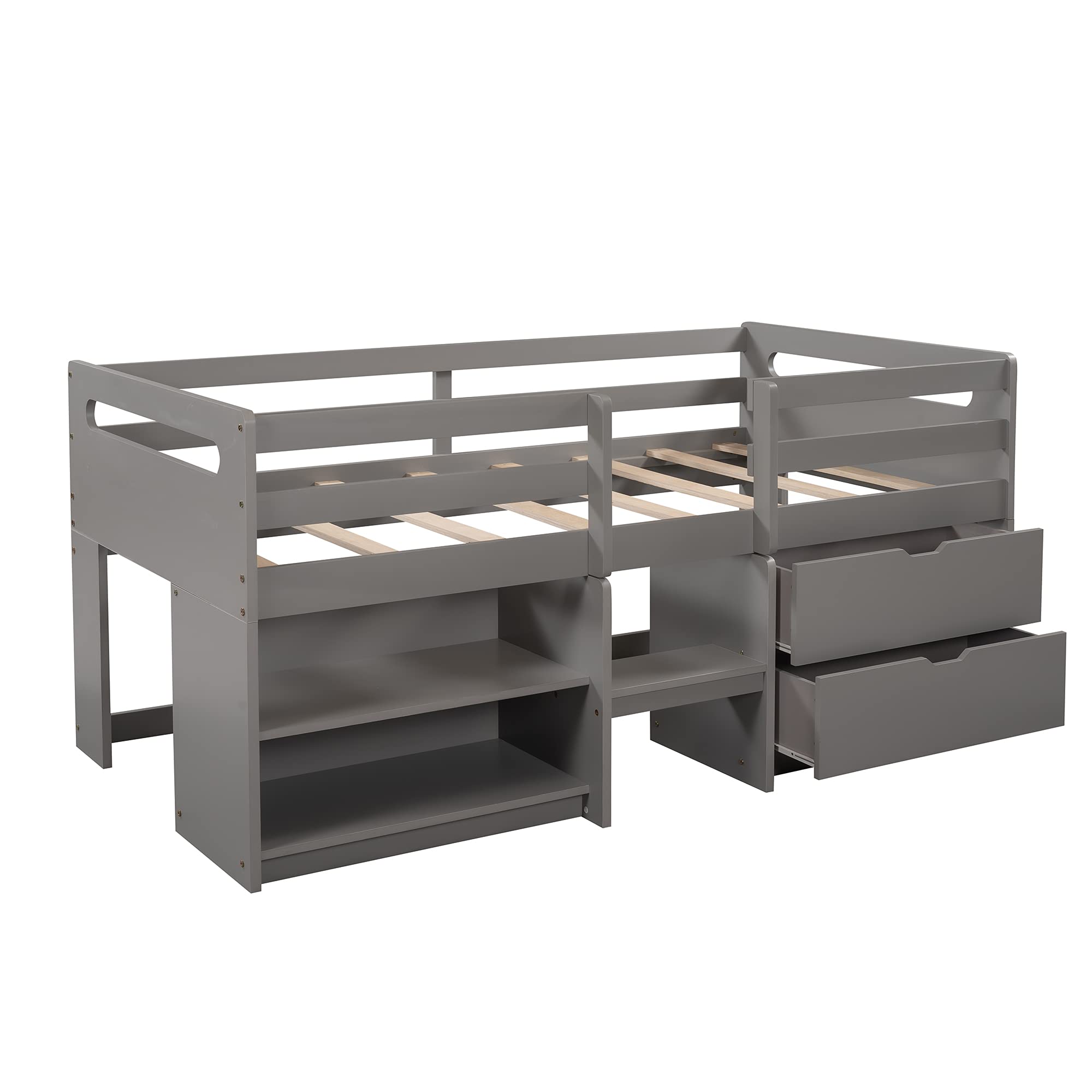 Twin Size Low Loft Bed for Kids & Teens - Solid Wood Loft Bed with 2 Shelves, 2 Drawers & Safety Guard Rail - Space-Saving Bedroom & Dorm Furniture - Perfect for Small Rooms & College Dorms (Gray)