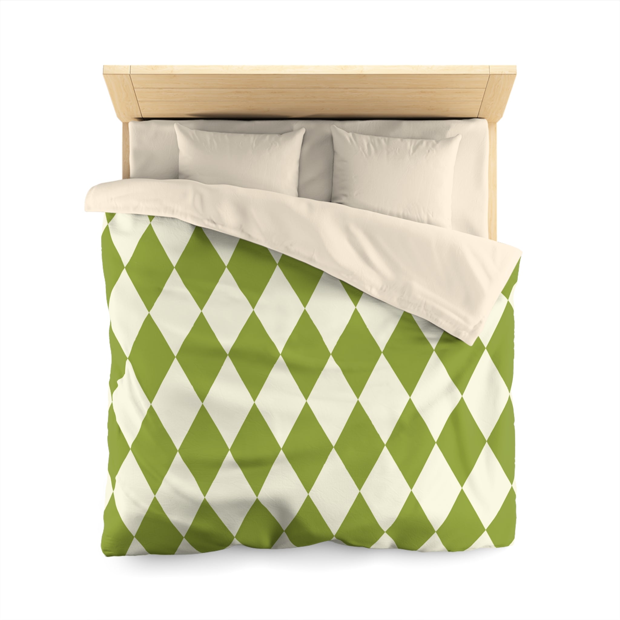 Harlequin Microfiber Duvet Cover Set - Green & Off White Diamond Pattern Bedding - Soft Queen/King Size Duvet Cover for Cozy Bedroom Decor