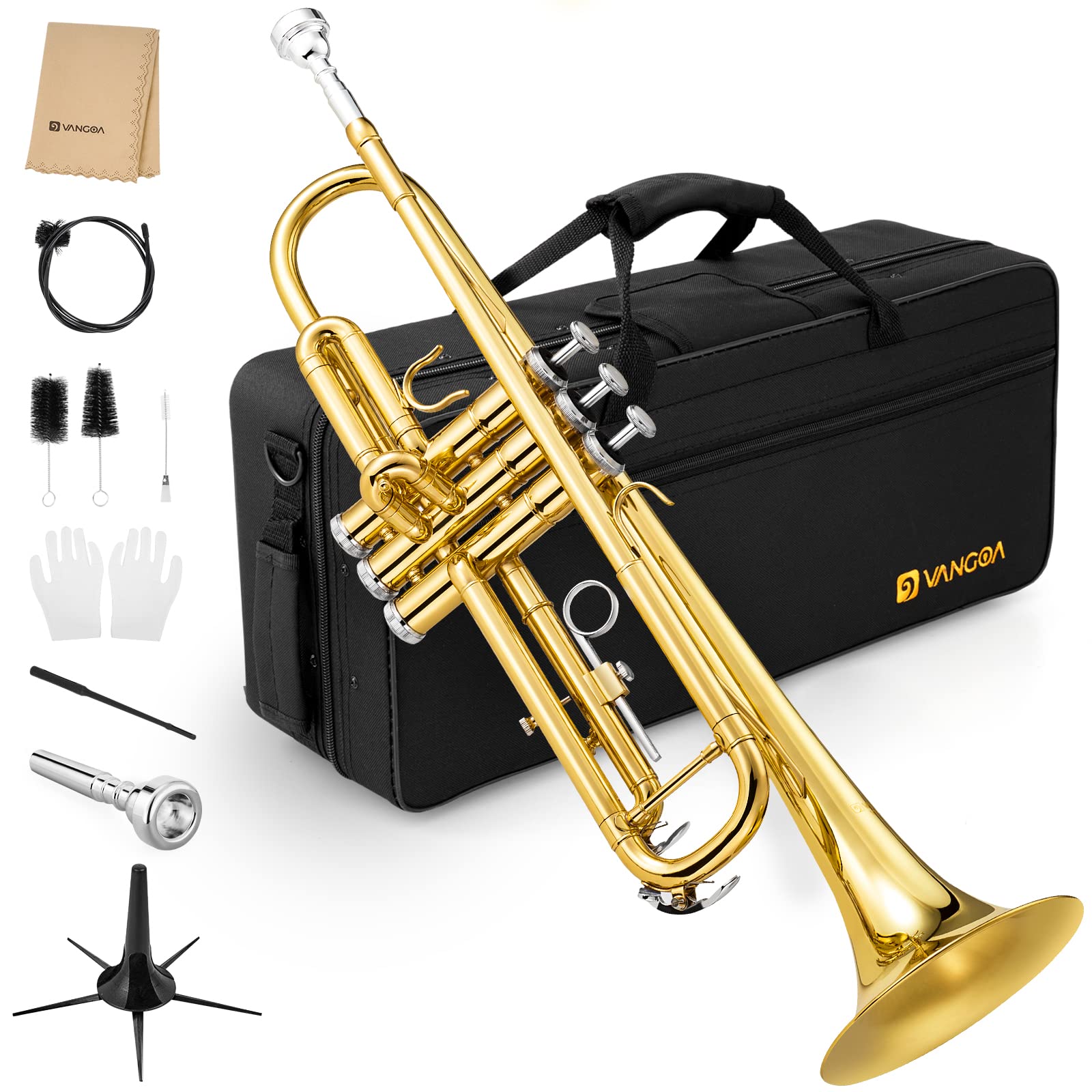 Vangoa Bb Trumpet Brass Standard Gold - Professional Student Trumpet for School Band, Orchestra & Beginners - Includes Hard Case, Stand, Cleaning Kit, White Gloves, Valve Oil & 7C Mouthpiece - Perfect for Music Lessons, Performances & Practice at Home