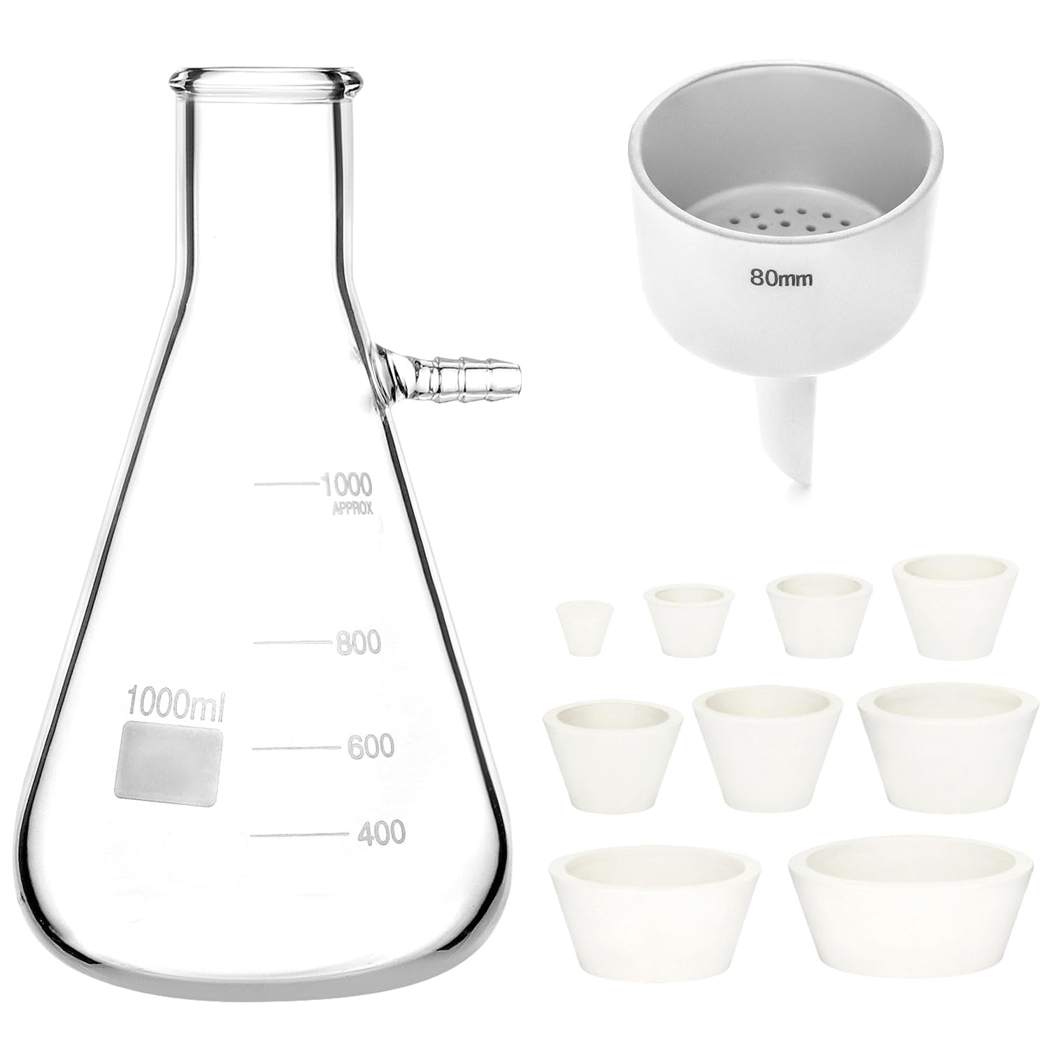 QWORK 1000ML Borosilicate Glass Buchner Funnel Kit with 1L Vacuum Flask - 80mm Heavy Wall Filtering Flask Set for Chemistry Labs, Scientific Experiments & Home Distilling
