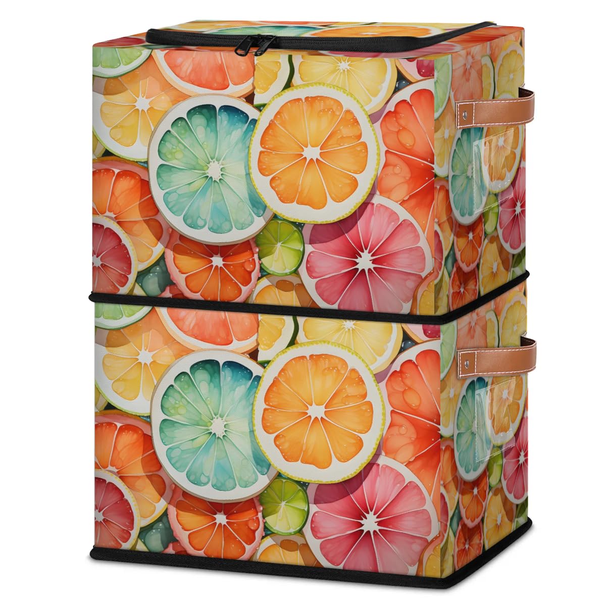 Colorful Lemon-Print Storage Boxes with Sturdy Handles & Zipper Lids - 2 Pack Organizer Bins for Clothes, Toys, Blankets - Perfect for Kids' Room, Nursery, or Playroom Organization