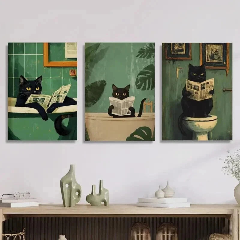 3-Piece Black Cat Canvas Wall Art Set - Framed 50x70cm Prints - High Quality Australian Made Ready-to-Hang Decor for Living Room, Bedroom & Office