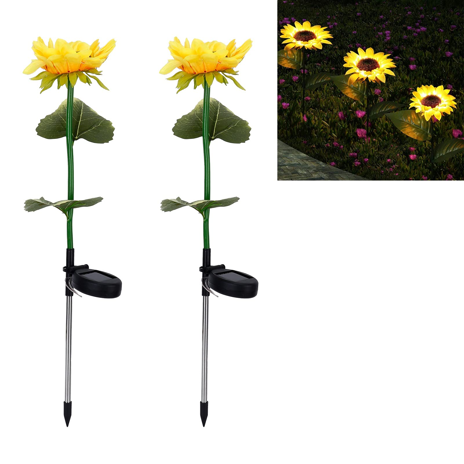 2Pcs Sunflower Solar Lights - Outdoor Solar LED Garden Decor with Ground Insert, Auto-Charging Solar Pathway Lights for Patio, Yard, Lawn - Perfect for Garden Decorations & Nighttime Illumination