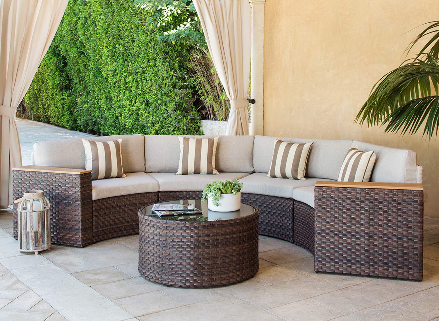 SOLAURA 5-Piece Brown Wicker Patio Sectional Set - Half Moon Outdoor Sofa with Beige Cushions & Glass Coffee Table - Weather-Resistant Curved Furniture for Backyard, Garden or Poolside Relaxation