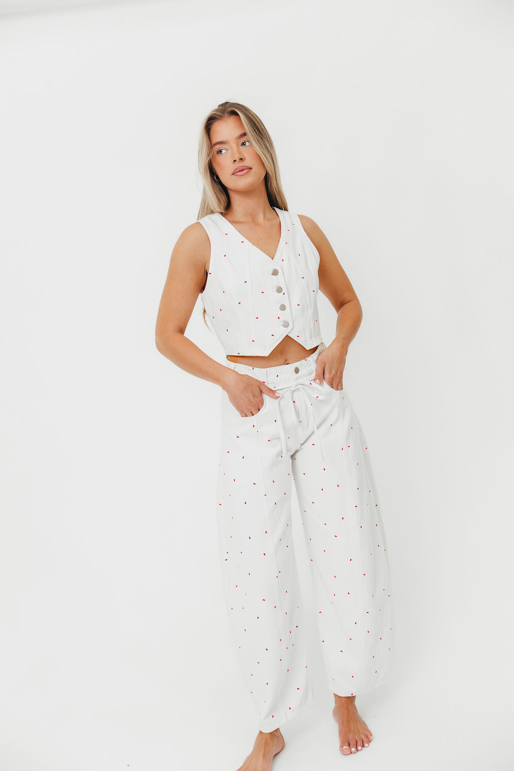 100% Cotton Mini Bow Print Twill Vest for Women - Off White Dolly Style | Casual Outfits, Spring Layering & Office Wear