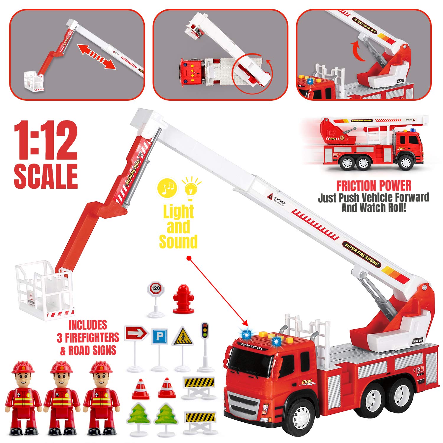 MOBIUS Toys Fire Truck Playset – 1:12 Scale Large Fire Engine Toy with Realistic Lights & Sounds, 3 Firefighter Figures, Road Signs – Friction-Powered Vehicle for Kids Ages 3-5 – Perfect for Pretend Play, Birthday Gifts & Early Learning Activities