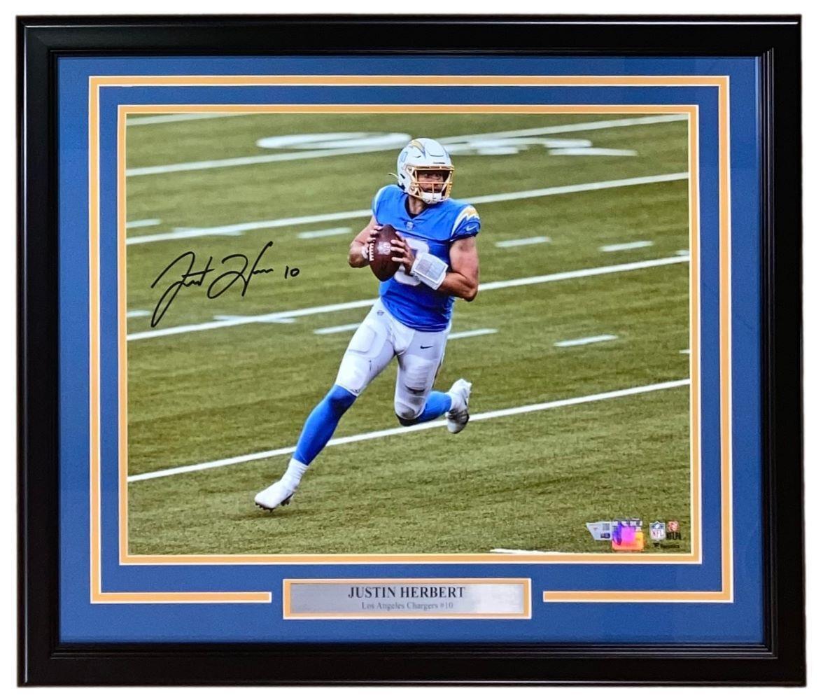 Justin Herbert Autographed Framed 16x20 Photo - Los Angeles Chargers Running Action - Limited Edition Collectible - Perfect for Sports Memorabilia Displays & Fan Cave Decor