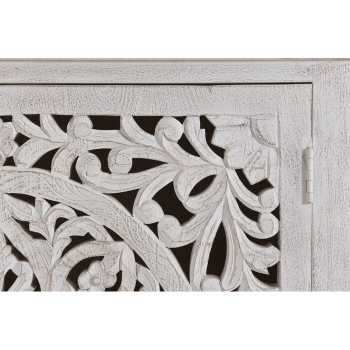 Hand Carved Solid Wood Two Door Accent Cabinet - White Distressed Finish | Rustic Farmhouse Storage Cabinet for Living Room, Bedroom & Entryway