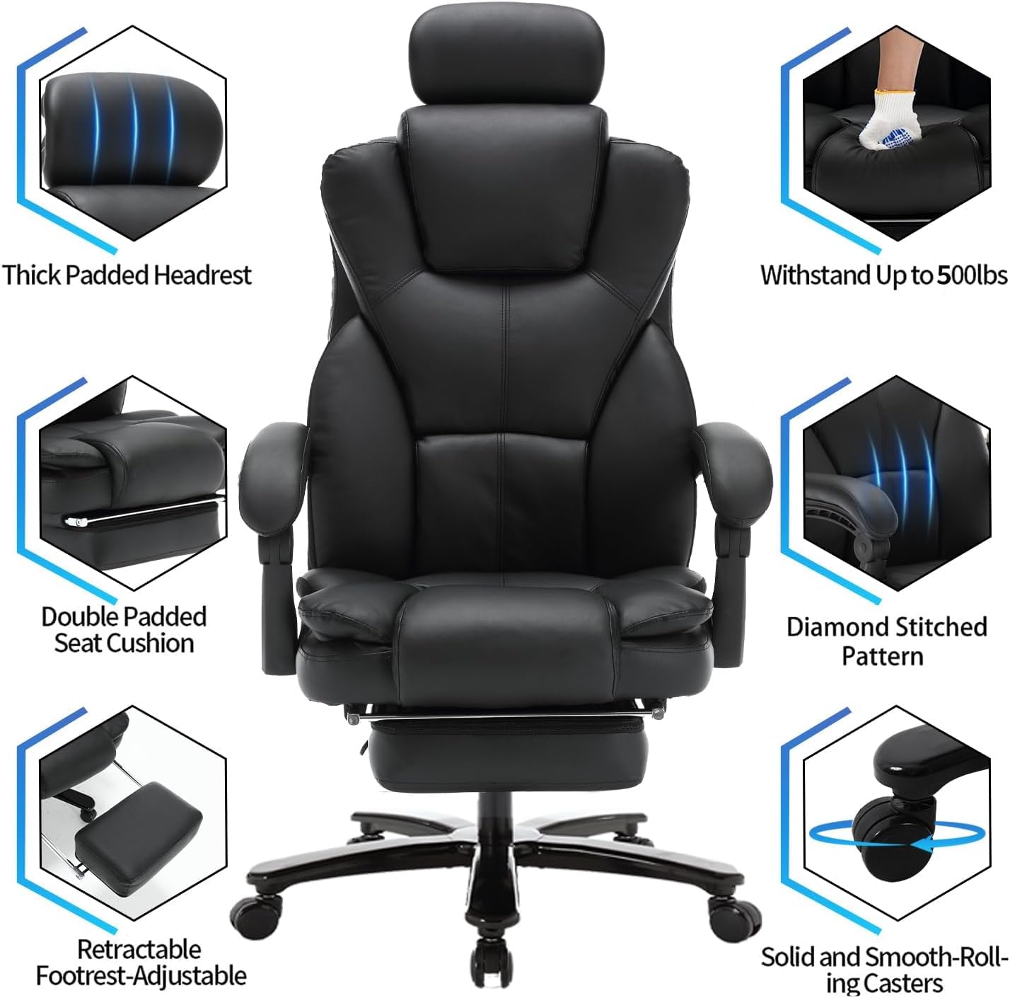 400lbs Heavy Duty Reclining Office Chair with Footrest - Ergonomic PU Leather Big & Tall Executive Desk Chair for Home & Office - High Back Managerial Chair with Wheels (Black) - Perfect for Long Work Hours & Relaxation