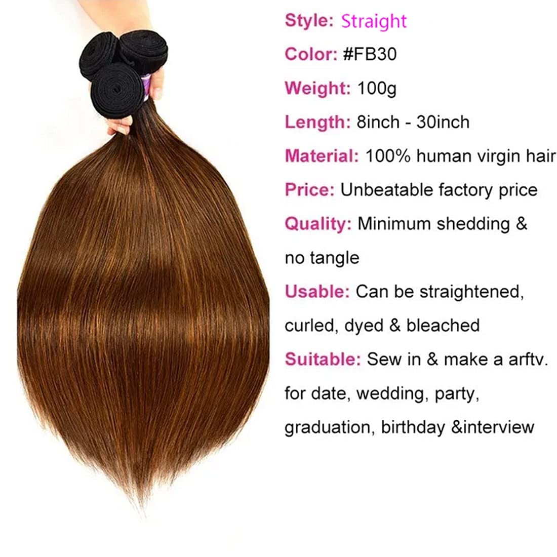 Beauty Forever Malaysian Straight Virgin Human Hair Weaves - 3 Bundles #FB30 Balayage Ombre Hair Extensions (20/22/24 Inch) for Styling & Volume - Perfect for Daily Wear, Parties & Special Occasions