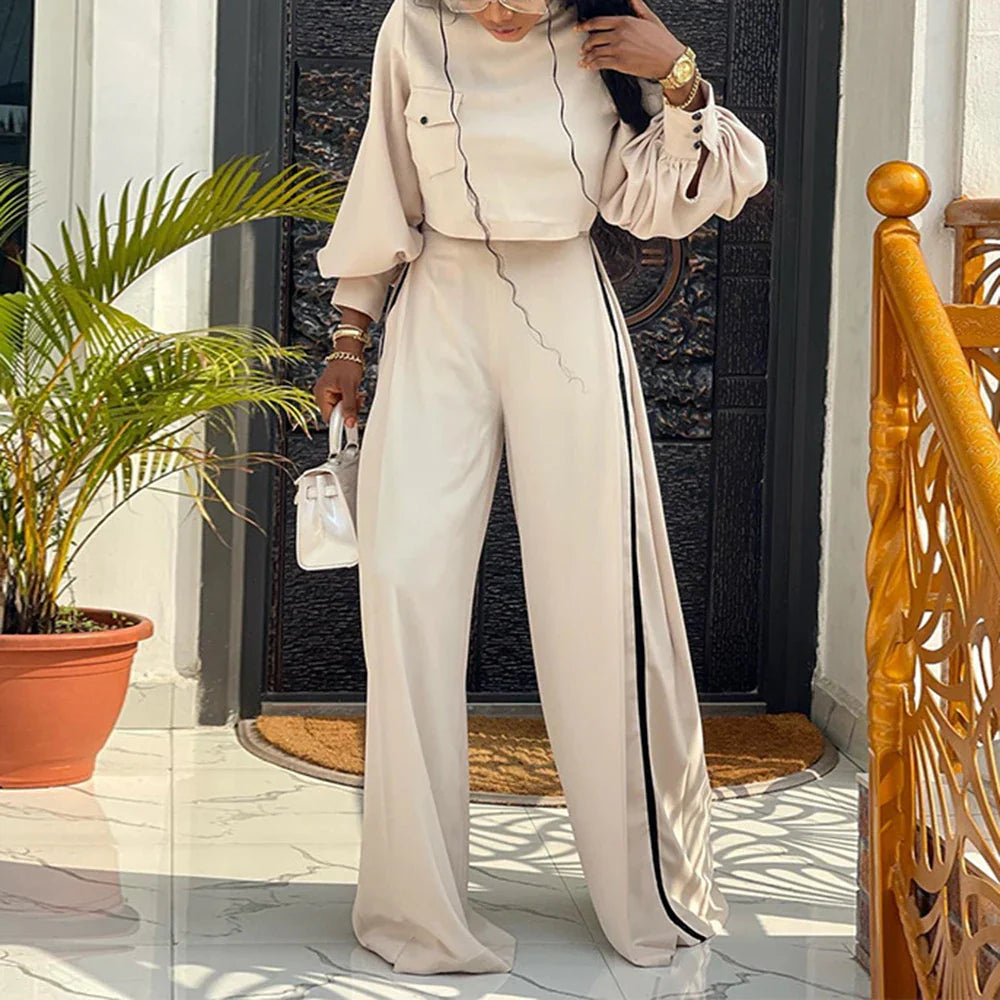 Women's Plus Size Loose Elegant Half High Neck Long Sleeve Top & Wide Leg Pants Casual Two Piece Set - Perfect for Autumn Outfits, Office Wear & Weekend Brunch