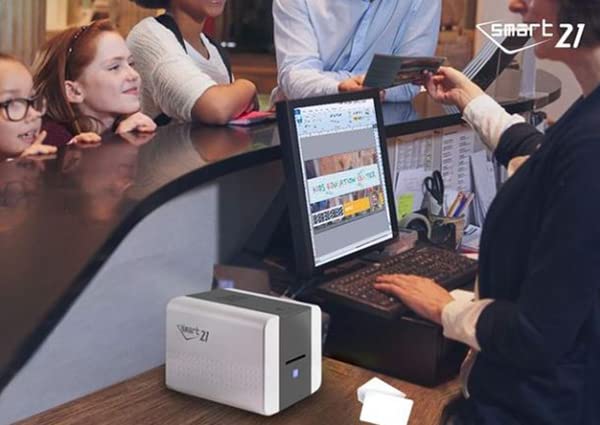 IDP SMART-21S ID Card Printer Bundle - Simplex Printing with PC Software, USB Camera, 100 YMCKO Color Ribbons & 100 PVC Cards for Office Security, School IDs, and Employee Badges