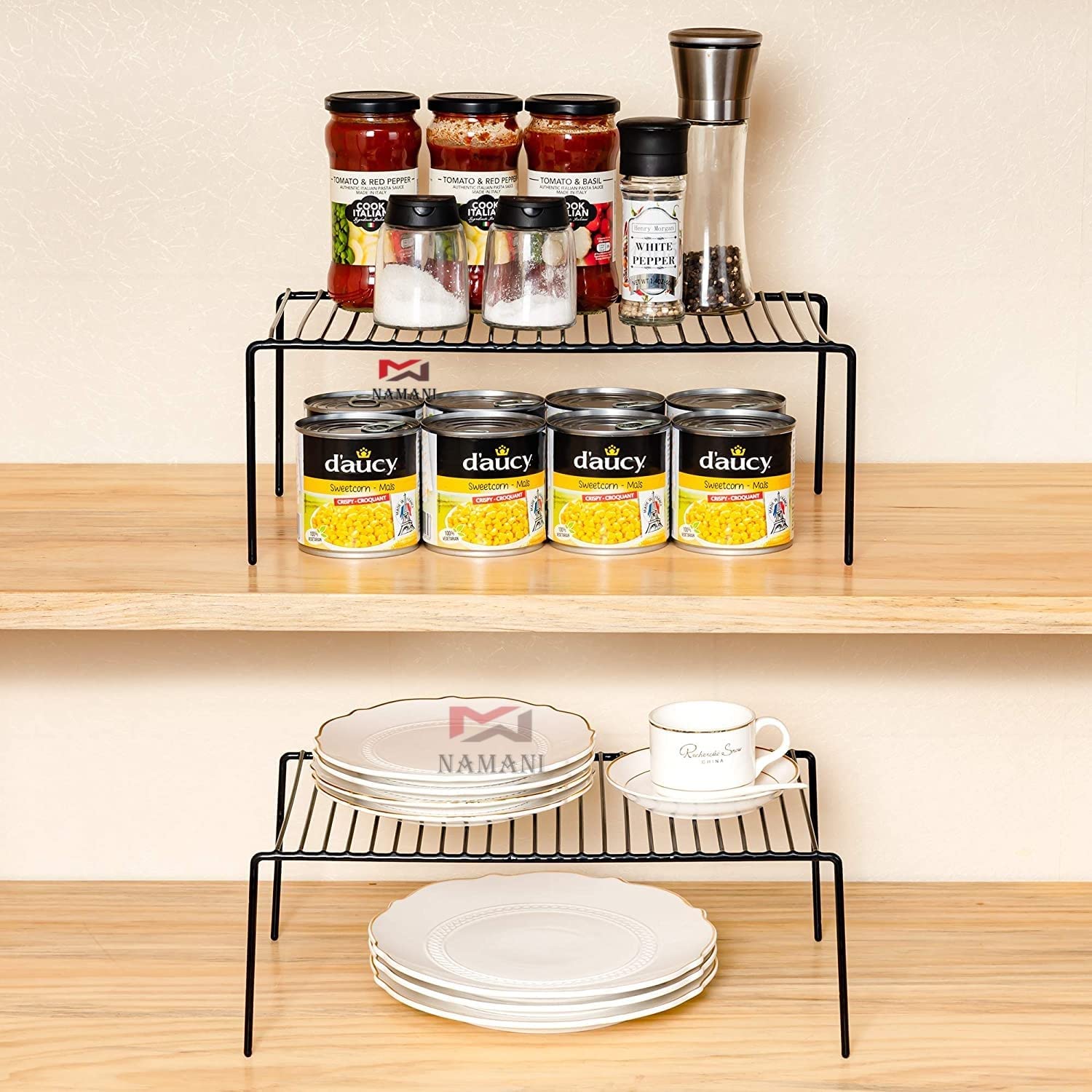 Namani 3-Tier Steel Cabinet Storage Shelf - Space Saving Kitchen Organizer for Fridge, Pantry & Countertop | Dish Drying Rack & Multipurpose Storage Solution (Black) | Perfect for Small Kitchens, Apartments & Dorm Rooms