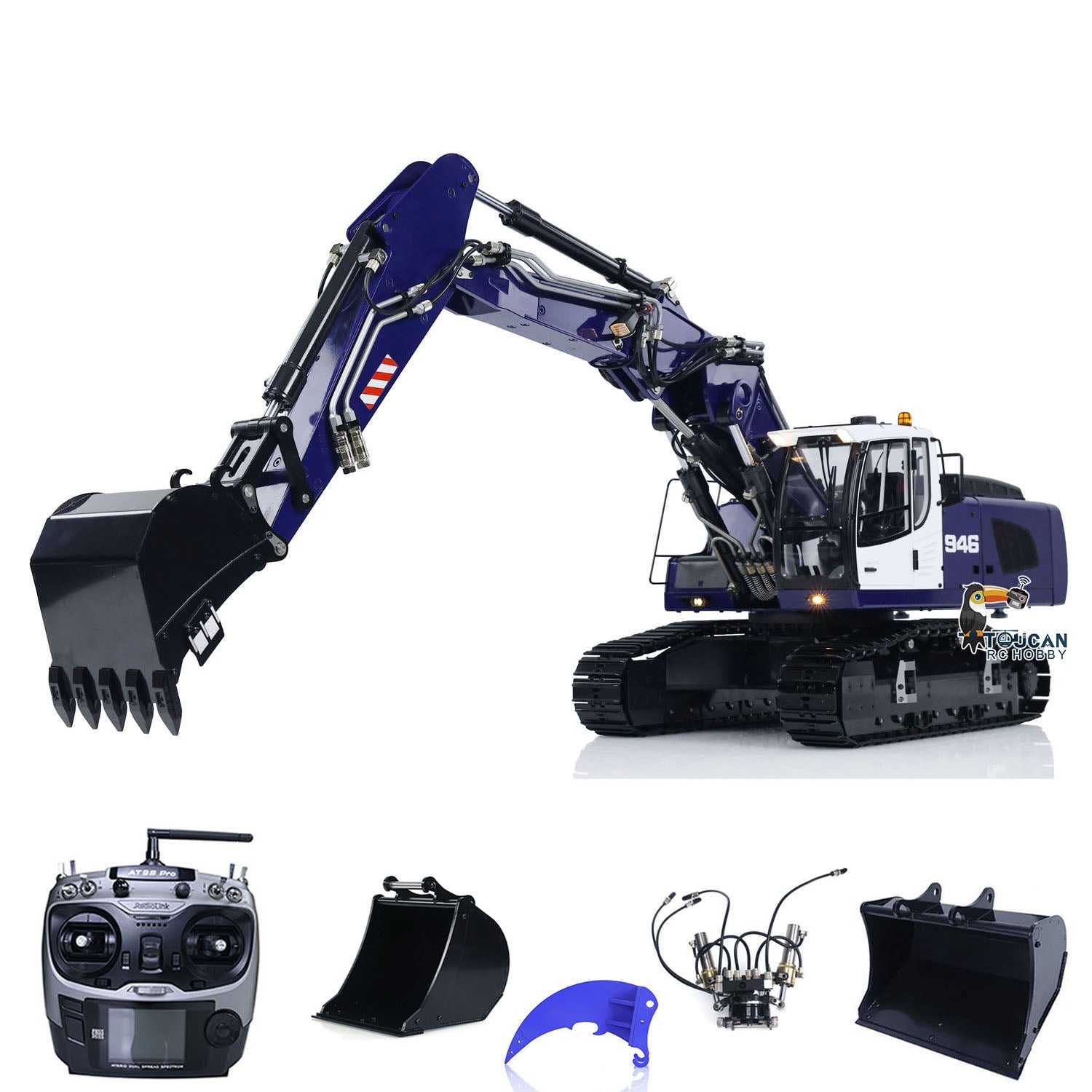 1/14 Scale 946 3-Arm RC Hydraulic Excavator Toy - Metal Remote Control Construction Digger with Tiltable Bucket, Ripper & Clamshell Grabber | Realistic Construction Play for Kids & Adults