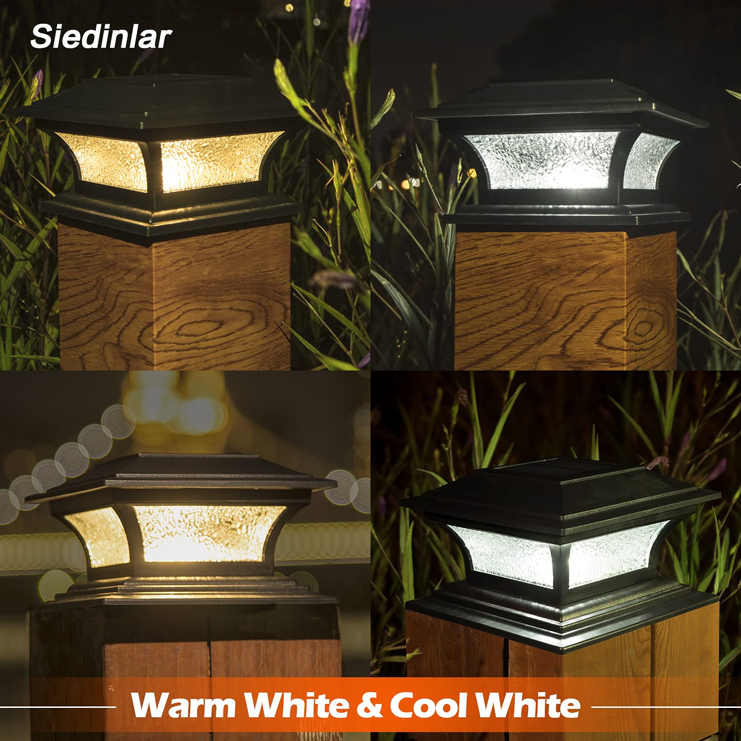 SIEDiNLAR Solar Post Lights Outdoor - 4 Pack Black LED Fence Cap Lights with 2 Modes (Warm White/Cool White) for 4x4 5x5 6x6 Wood Posts - Waterproof Garden Lighting for Deck, Patio, Pathway & Backyard Landscaping