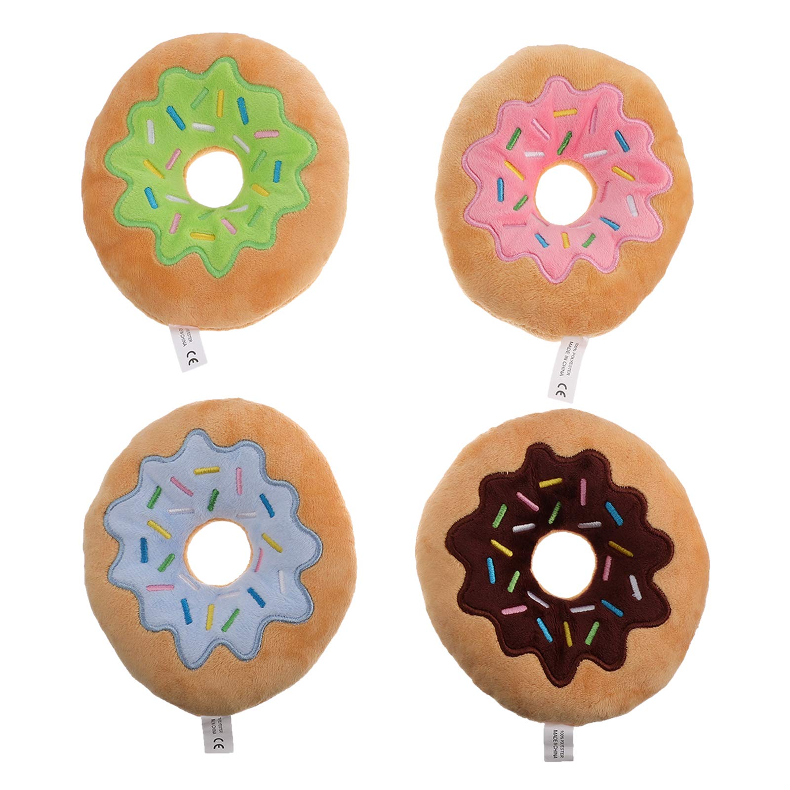 4 Pack Squeaky Donut Plush Dog Toys - Chew Resistant Puppy Chew Toys for Small & Medium Dogs - Fun Interactive Pet Toys for Playtime & Training