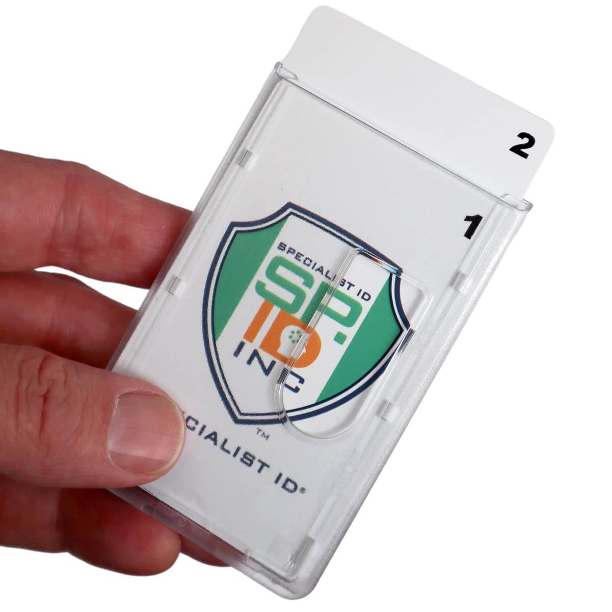 50 Pack Heavy Duty Dual Sided Vertical Badge Holders - Polycarbonate Clear Plastic Card Protector Case with Top Load Sleeve - Holds 2 ID Cards Securely - Ideal for Offices, Schools, Hospitals, Conventions & Corporate Events