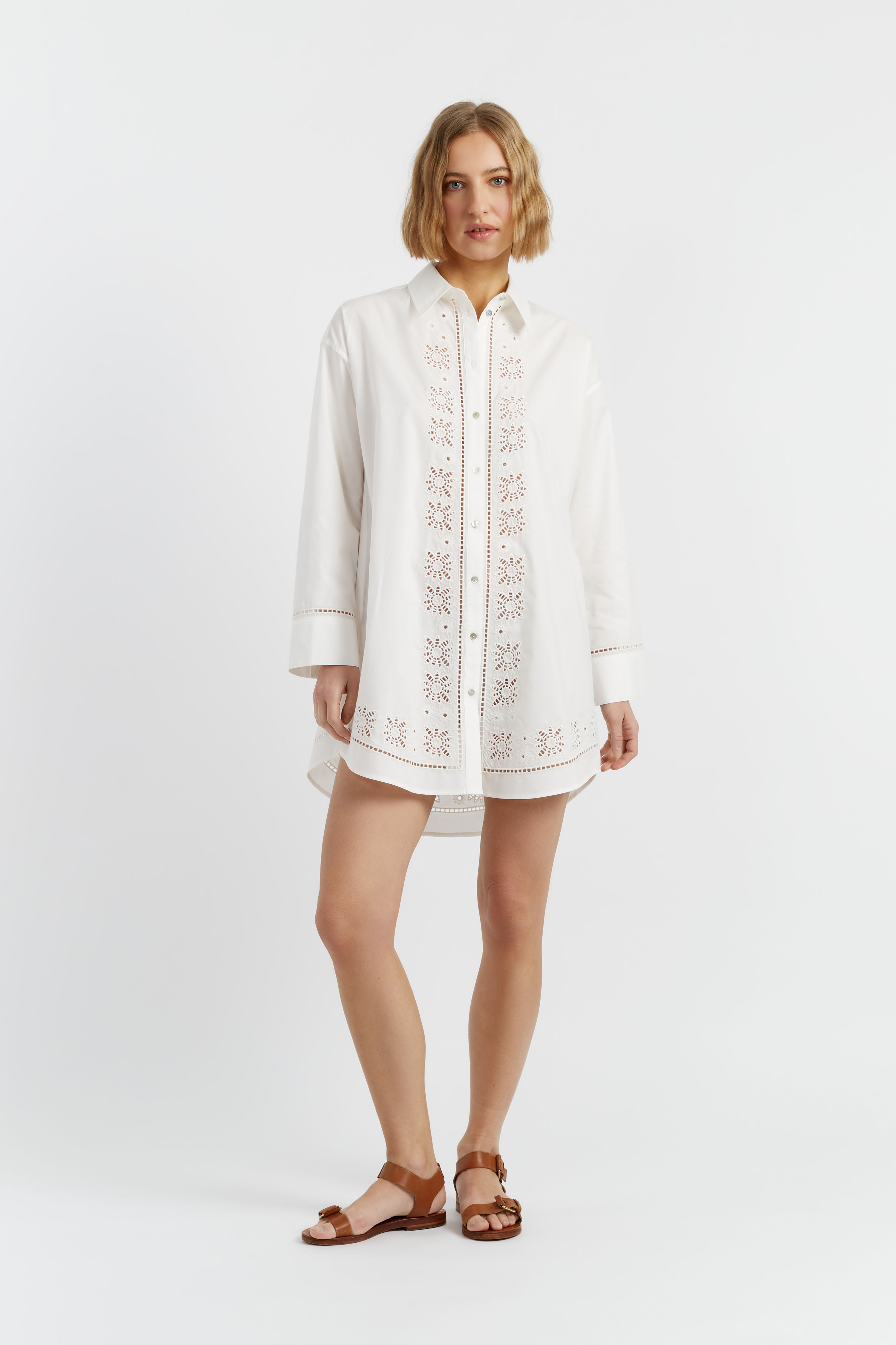 Soft Cream Cotton Lyocell Embroidered Shirt Dress for Women | Elegant Casual & Office Wear | Perfect for Spring Summer Outfits, Brunch Dates and Work Attire