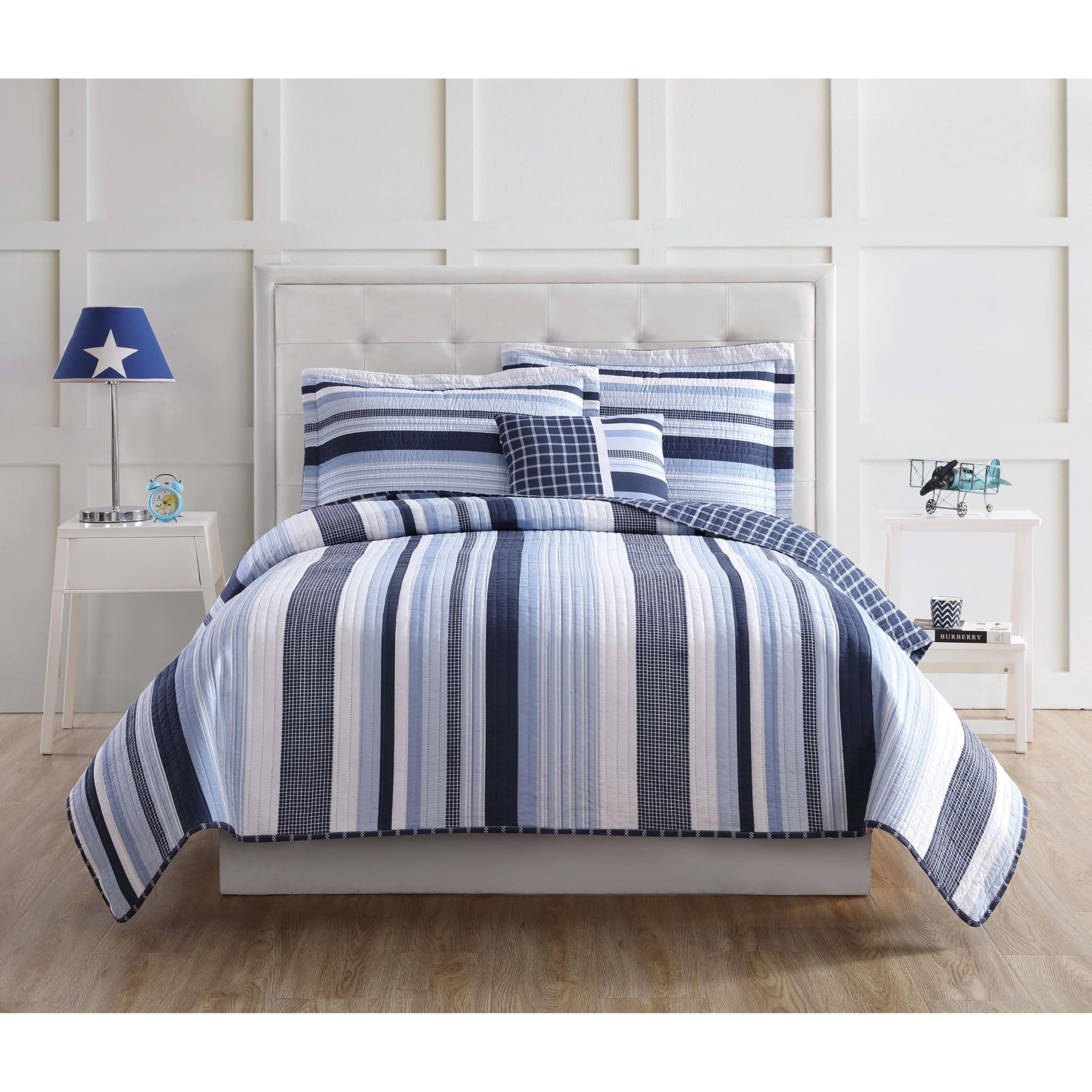 **My World Mason Stripe Quilt Set - Twin Size 68x86 Inches, Blue & White 3-Piece Bedding Set - Cozy & Stylish for Kids' Room, Dorm, or Guest Bed**