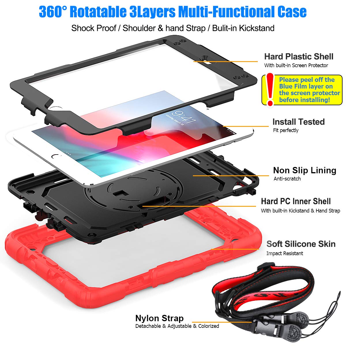 SEYMAC 360 Rotating Stand Case with Screen Protector & Pencil Holder for iPad Mini 5/4 (7.9 Inch) - Shockproof Protective Cover with Hand Strap - Black & Red - Perfect for Work, Travel, and Drawing