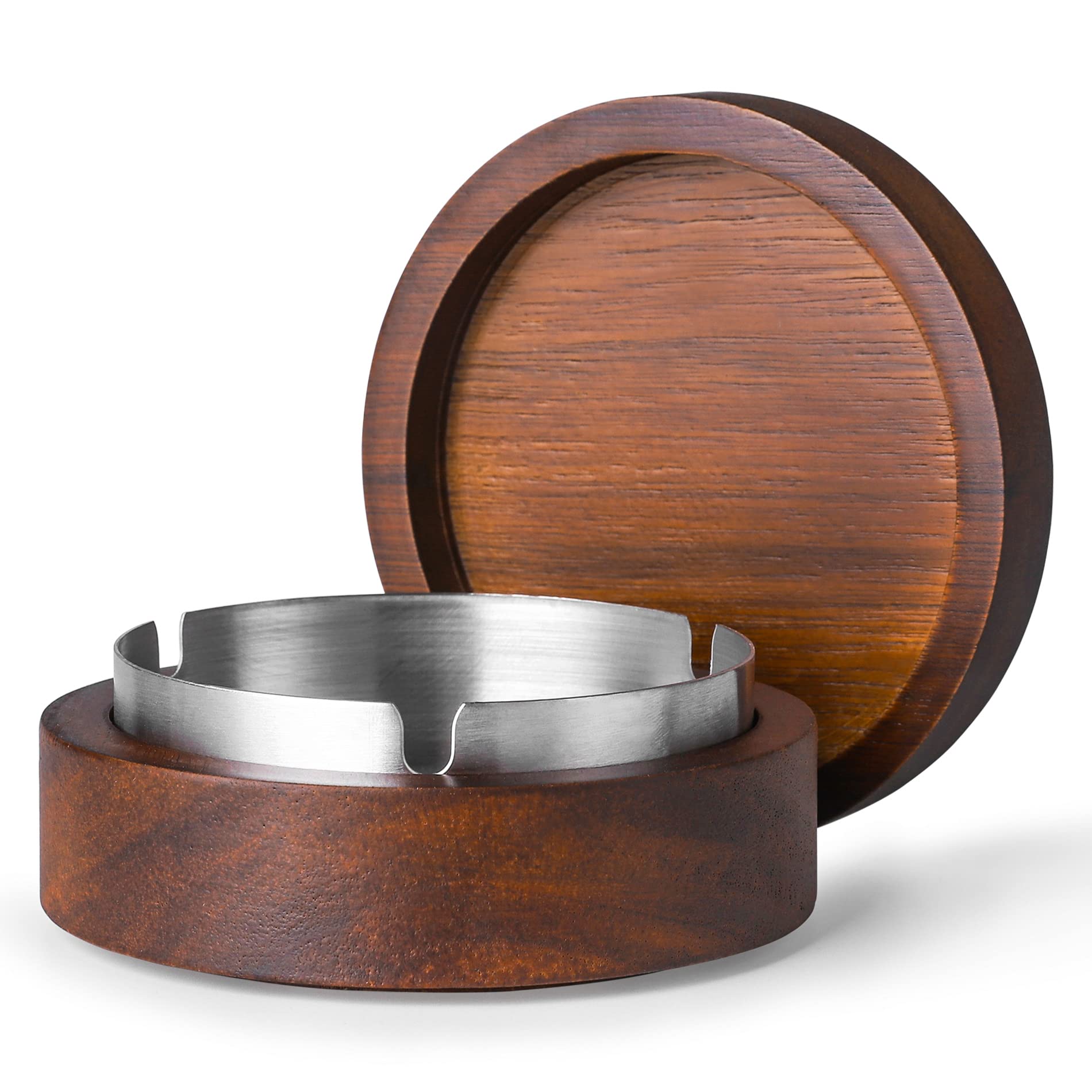 Premium Wooden Ashtray with Lid & Stainless Steel Liner - Windproof, Durable & Easy to Clean Smoking Accessory for Indoor/Outdoor Use - Perfect for Home, Office, Patio, Camping & Travel