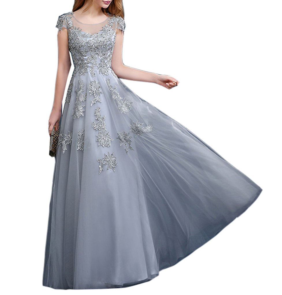 Emanni Women's A-Line Long Applique Short Sleeve Formal Evening Dress - Elegant Prom, Wedding Guest & Cocktail Party Gown