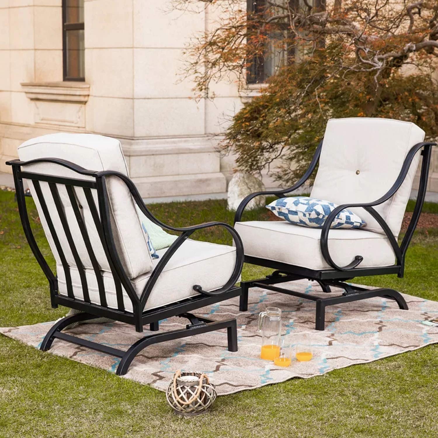 White 3-Piece Outdoor Patio Bistro Set with Rocking Chairs & Coffee Table - Metal Garden Furniture with Cushions for Balcony, Lawn, Deck & Backyard Relaxation