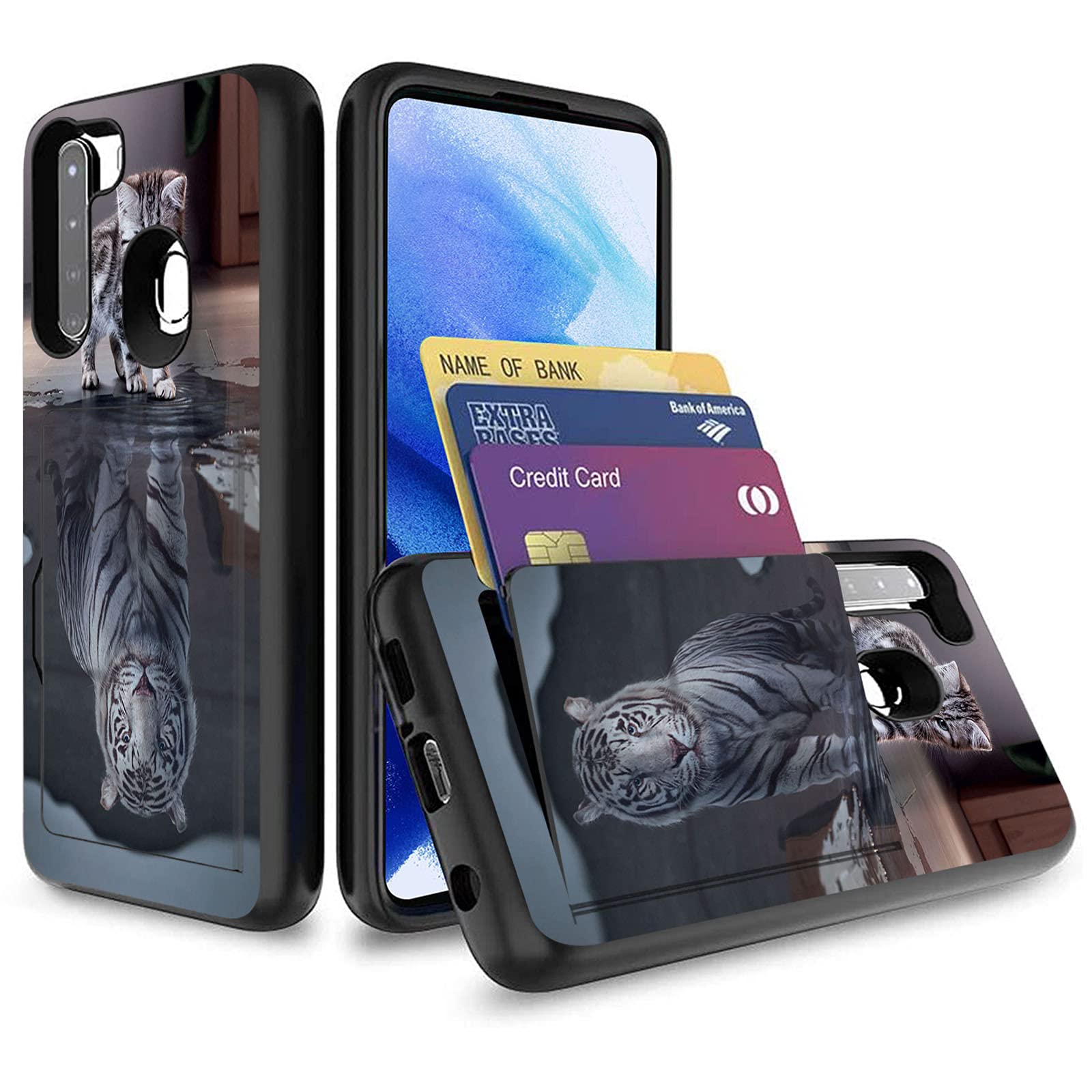 Samsung Galaxy A21 Wallet Case with Hidden Card Slot - Shockproof TPU & PC Dual Layer Protective Cover for Galaxy A21 2020 (Cat Reflection Tiger Design) - Perfect for Daily Use, Travel, and Secure Card Storage