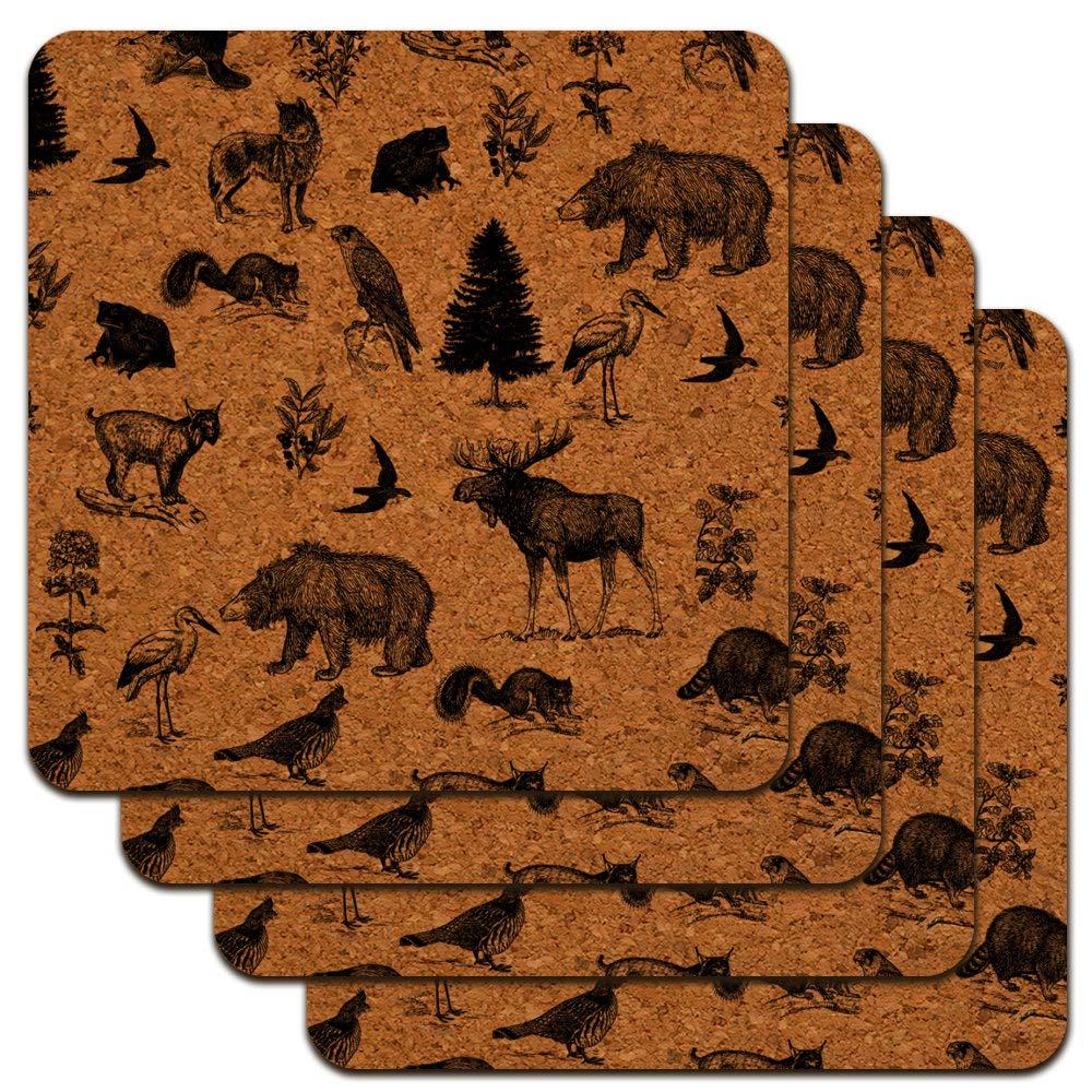 Forest Animals Pattern Cork Coaster Set - Moose, Bear, Wolf, Raccoon & Birds Design - Low Profile Drink Coasters for Home, Office or Cabin Decor