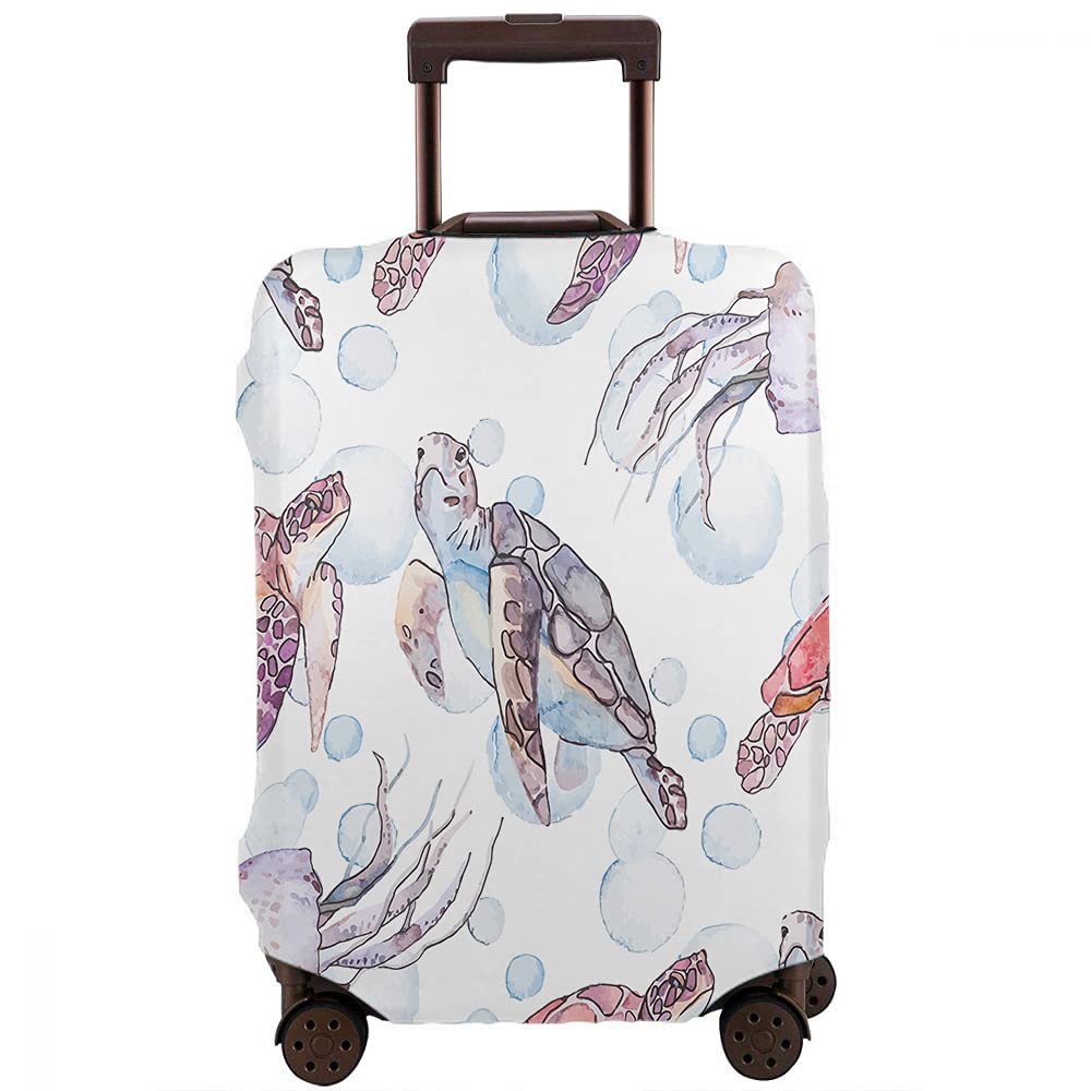 WONDERTIFY Sea Turtles & Jellyfish Waterproof Luggage Cover - Elastic Travel Suitcase Protector with Concealed Zipper for 18-21 Inch Bags - Perfect for Beach Vacations, Ocean Cruises & Tropical Getaways