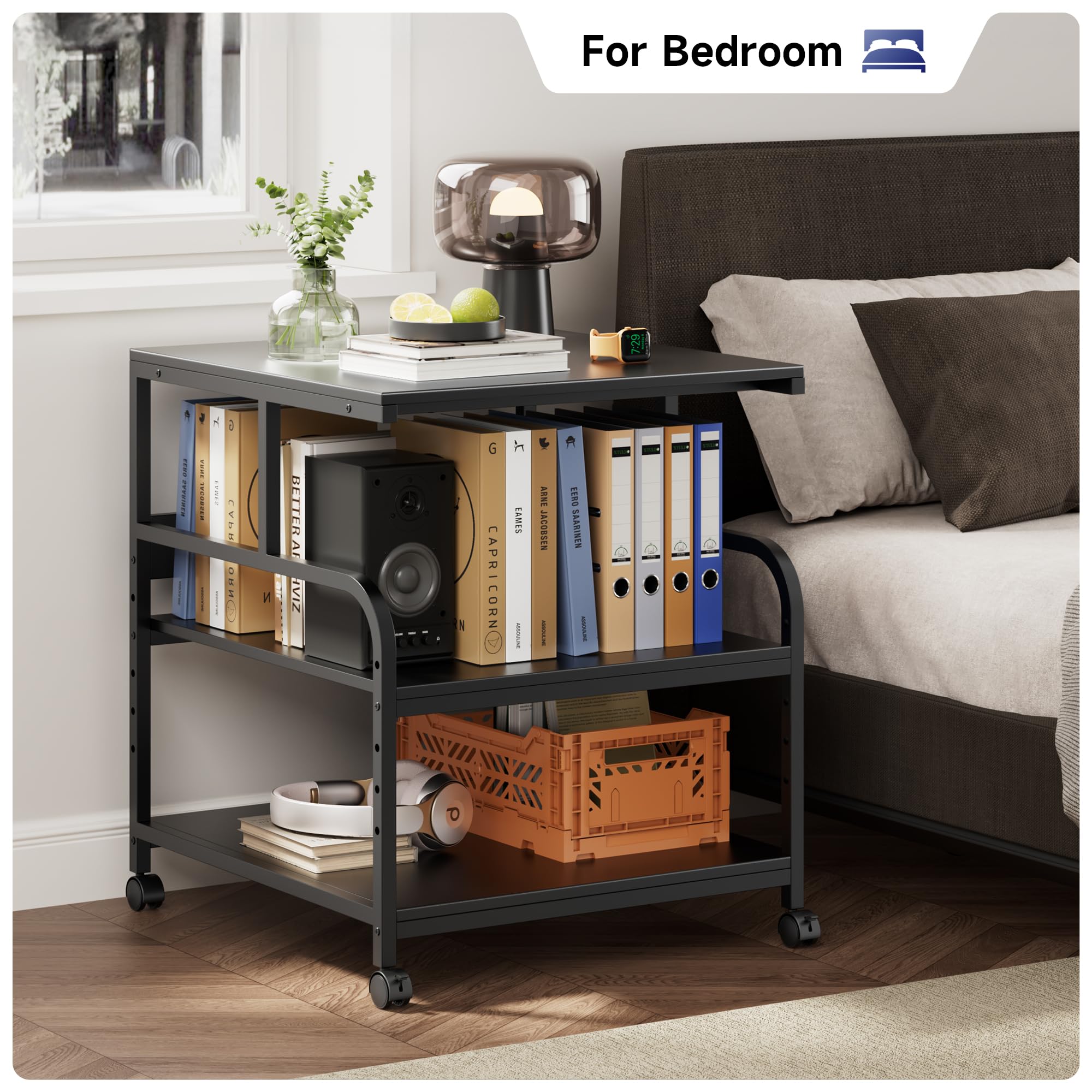 Warmiehomy 24x24 Inches Adjustable Printer Stand with Wheels - 3 Tier Rolling Storage Cart for 3D Printer, Laser Printer, Mini Fridge - Sturdy Home Office Desk Organizer (Black) | Perfect for Small Spaces & Workspace Organization