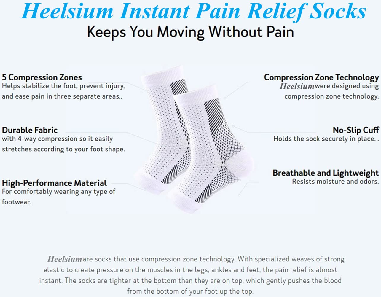 Heelsium Pain Relief Compression Socks for Men & Women - Neuropathy & Plantar Fasciitis Relief - Comfortable Support Socks for Daily Wear, Work & Sports