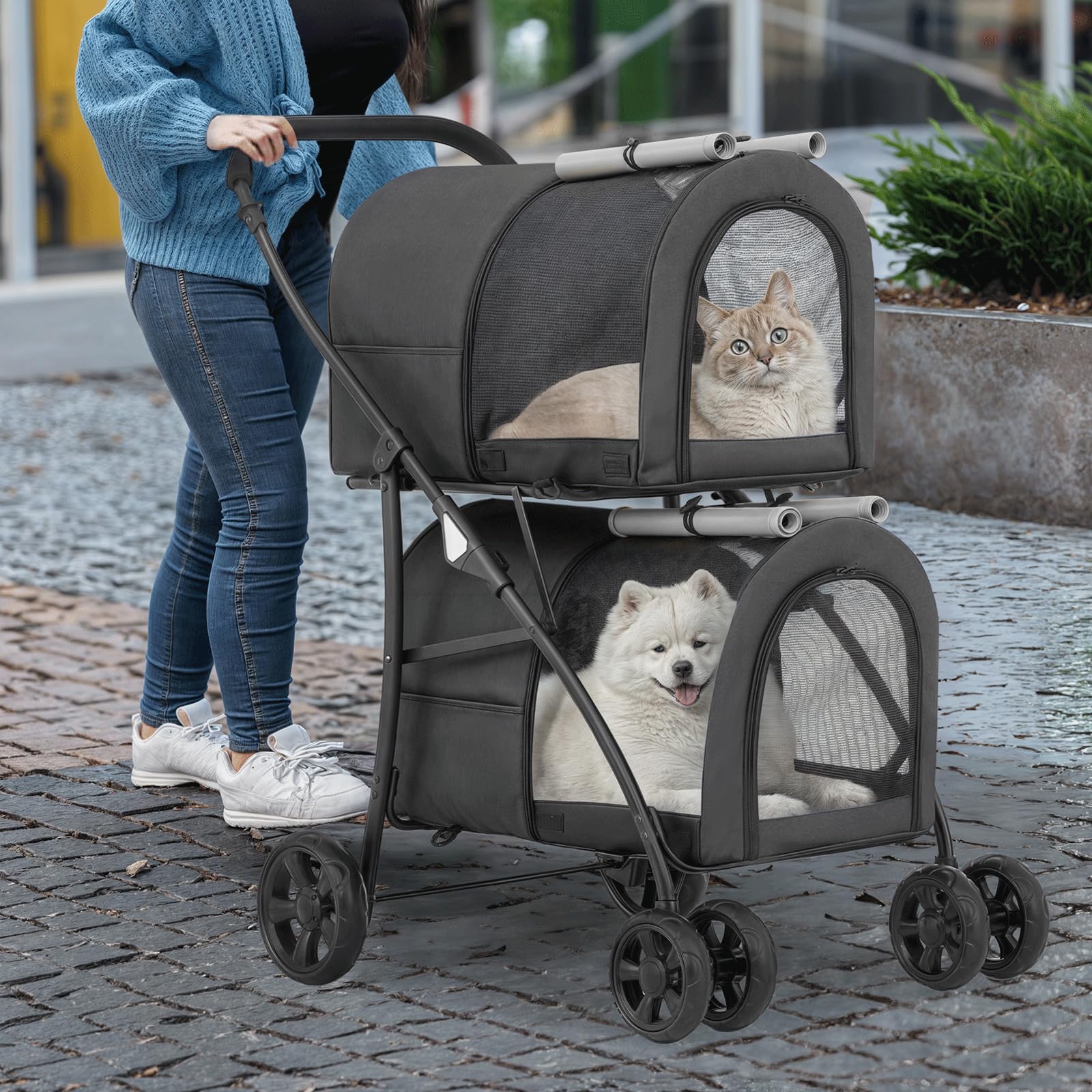MoNiBloom Double Dog Stroller with Detachable Carrier Bags - Large 4-Wheel Foldable Pet Jogger for Small & Medium Dogs & Cats (Black/Gray) - Perfect for Park Walks, Vet Visits & Outdoor Adventures