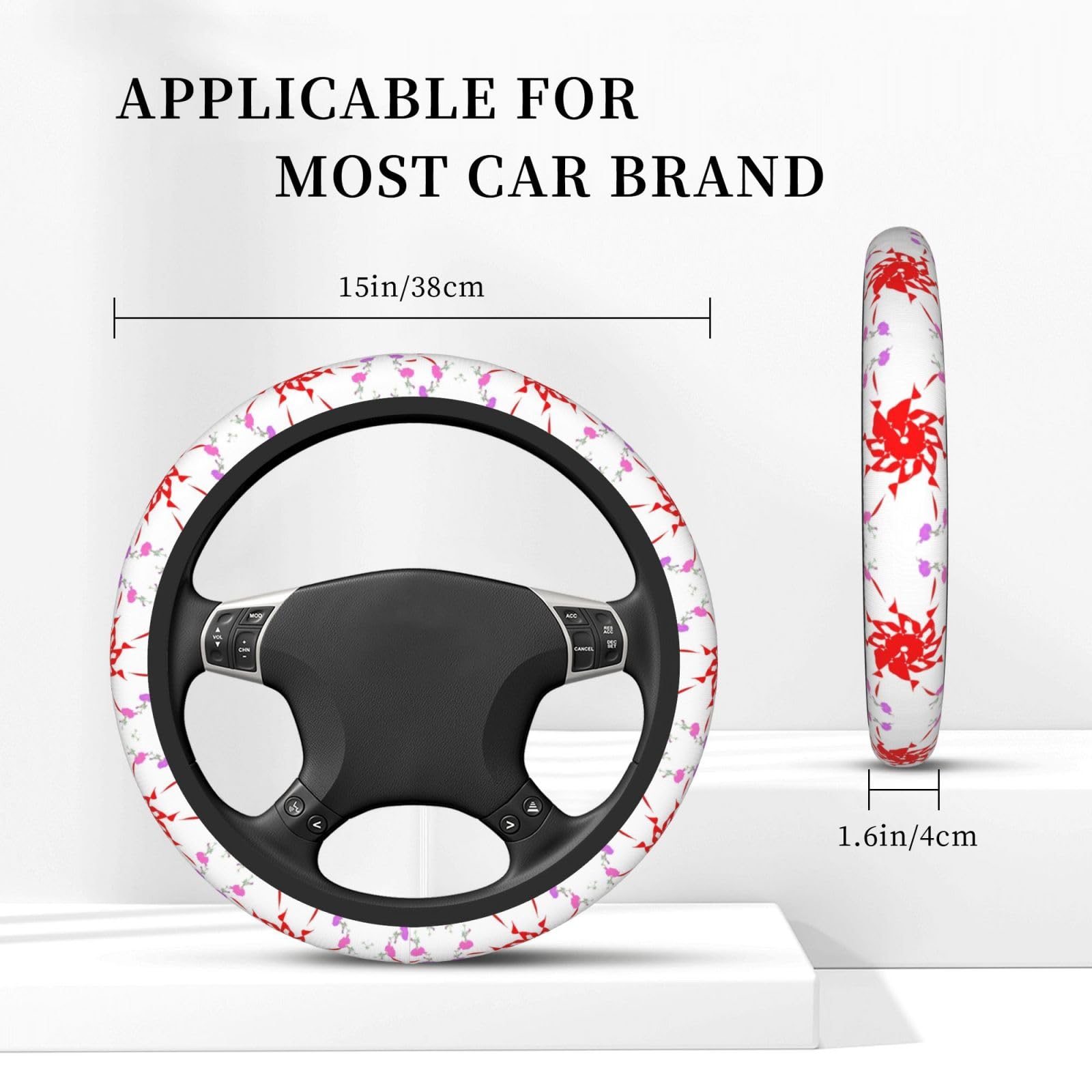 15 Inch Breathable Soft Fabric Steering Wheel Cover with Floral Print - Universal Fit for Most Cars - Comfortable & Non-Slip Grip for Daily Commute & Road Trips