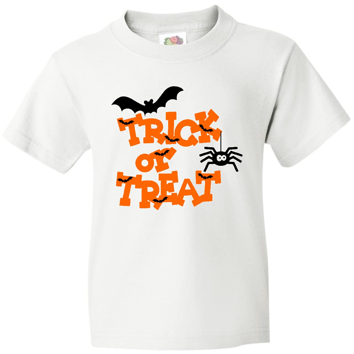 Inktastic Halloween Trick-or-Treat with Spider and Bats Youth T-Shirt - Cute Kids Costume Tee for Halloween Parties & Trick or Treating