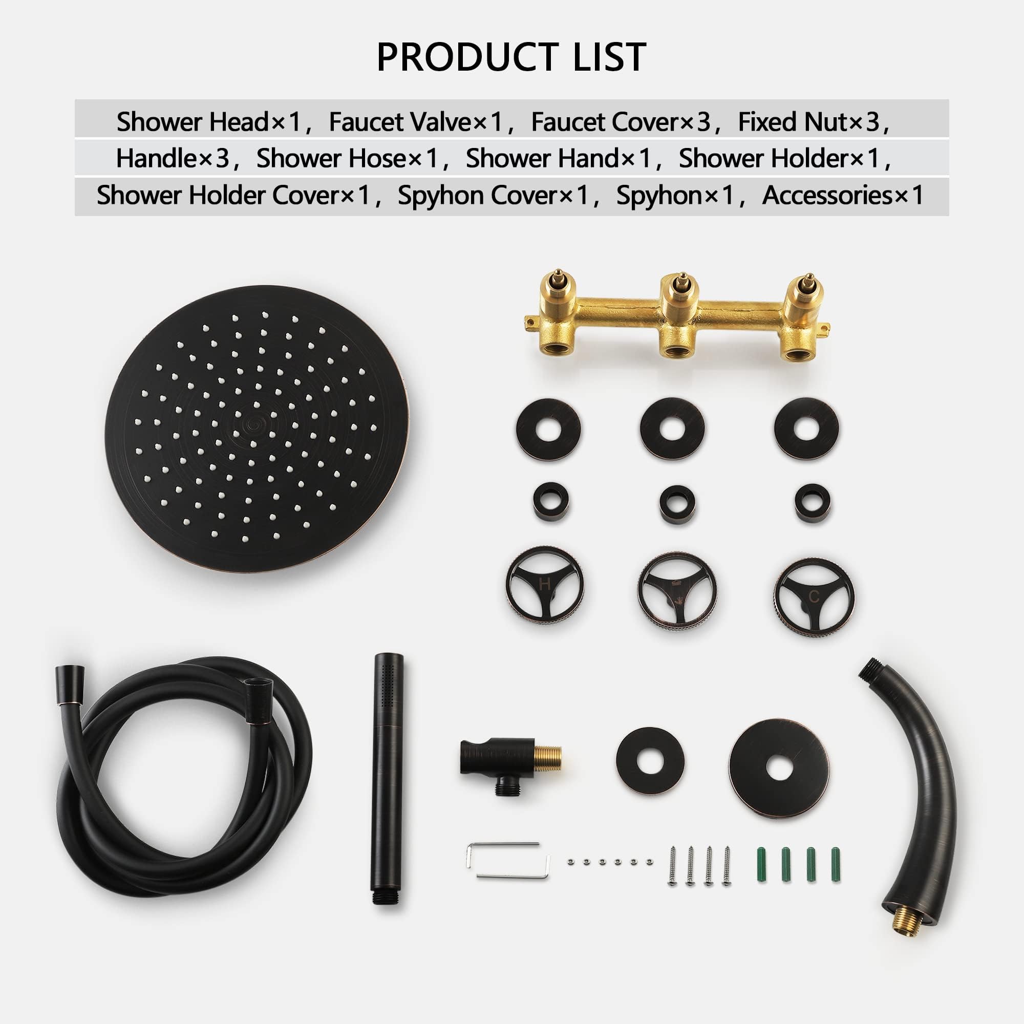SKOWLL 10 Inch Black Rainfall Shower Faucet Set - 3 Handle Wall Mount Shower System with 2 Function Valve, Oil Rubbed Bronze Finish | Perfect for Modern Bathroom Renovation & Spa-Like Shower Experience