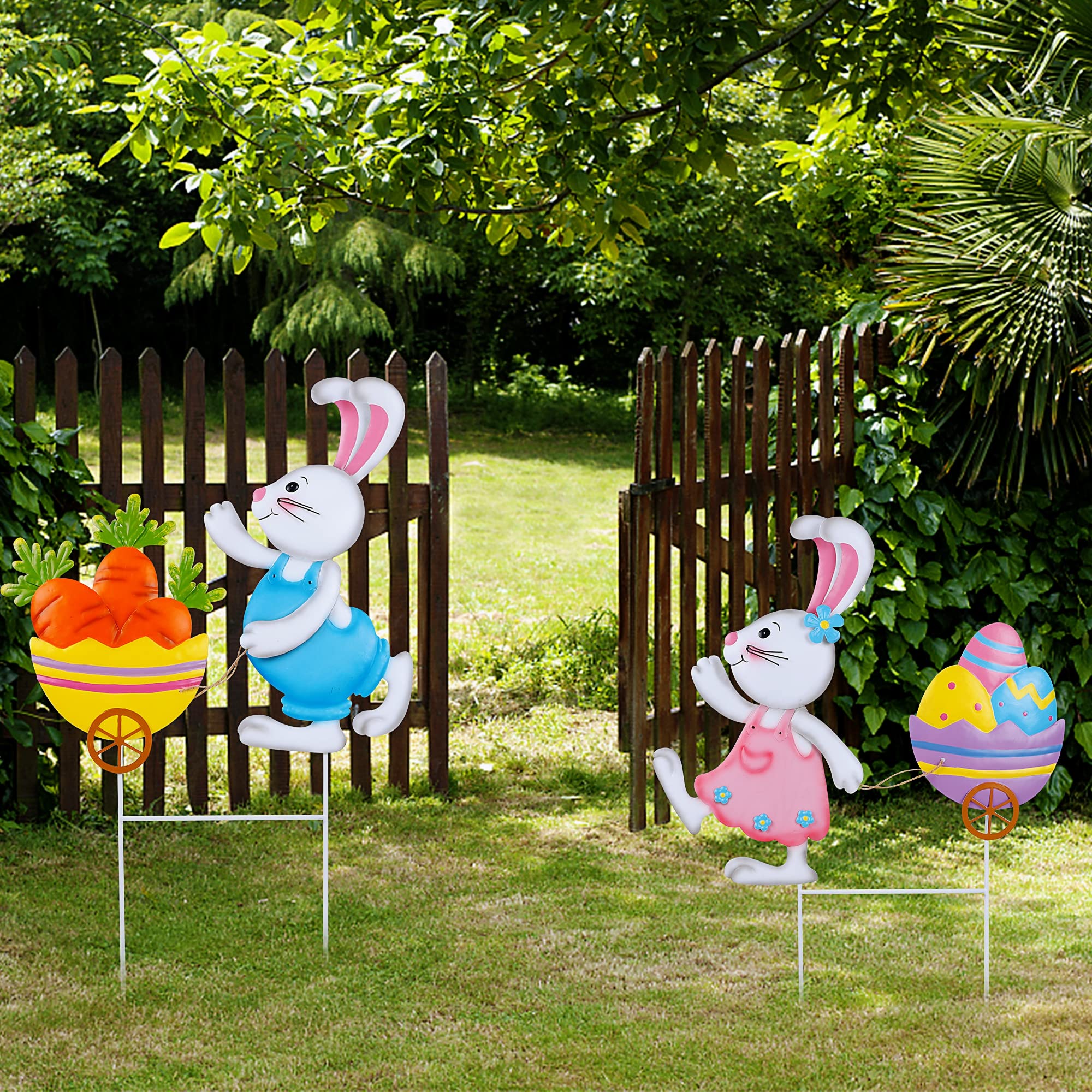 2 Pack Metal Easter Bunny Garden Stakes - Outdoor Waterproof Decorative Rabbit & Egg Yard Decor for Lawn, Patio, Home - Perfect for Easter, Spring & Holiday Decorations