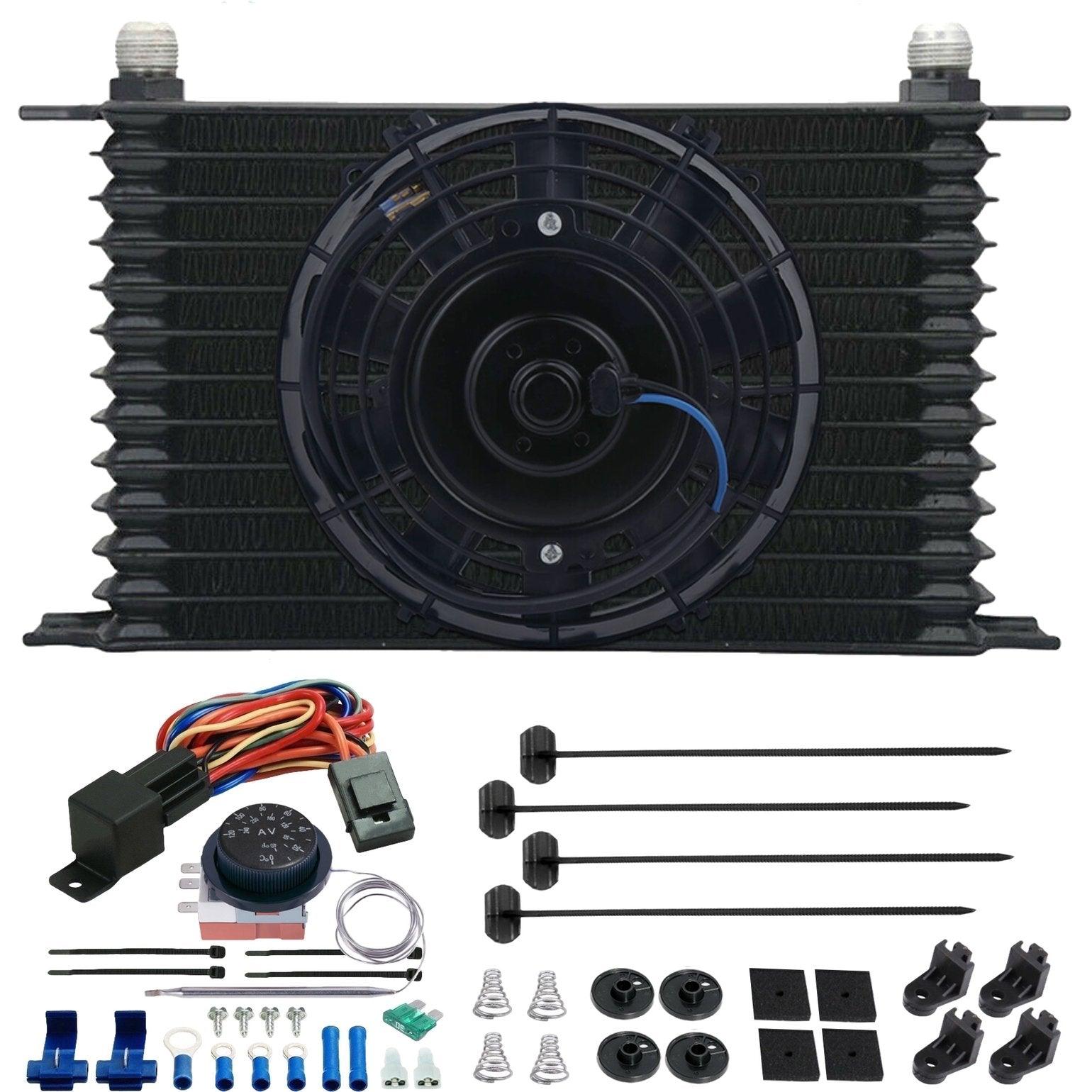 13 Row Transmission Cooler Electric Fan with Adjustable Temperature Thermostat Switch Kit - Perfect for Car, Truck & RV Cooling Systems