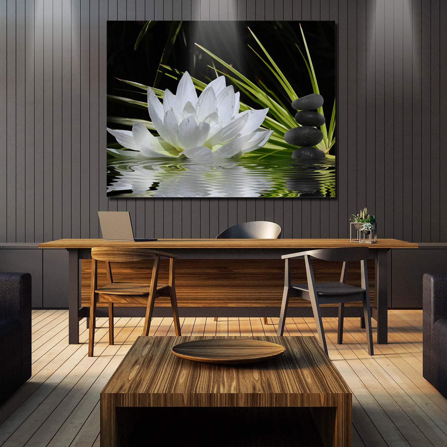 Modern White Lotus & Black Zen Stones Canvas Wall Art - 12x16 Inch Stretched Framed Ready to Hang - Giclee Print Gallery Decor for Living Room, Bedroom & Office