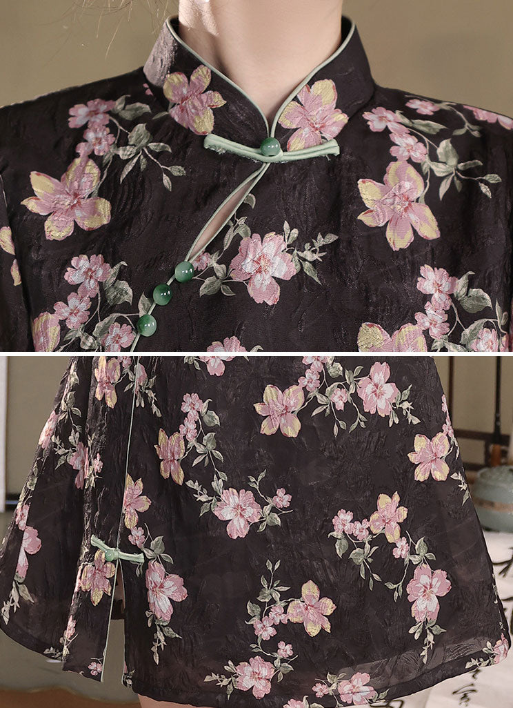 Elegant Black Jacquard Floral A-Line Cheongsam Qipao Dress for Women | Vintage Chinese Style Evening Gown | Perfect for Weddings, Parties & Special Occasions