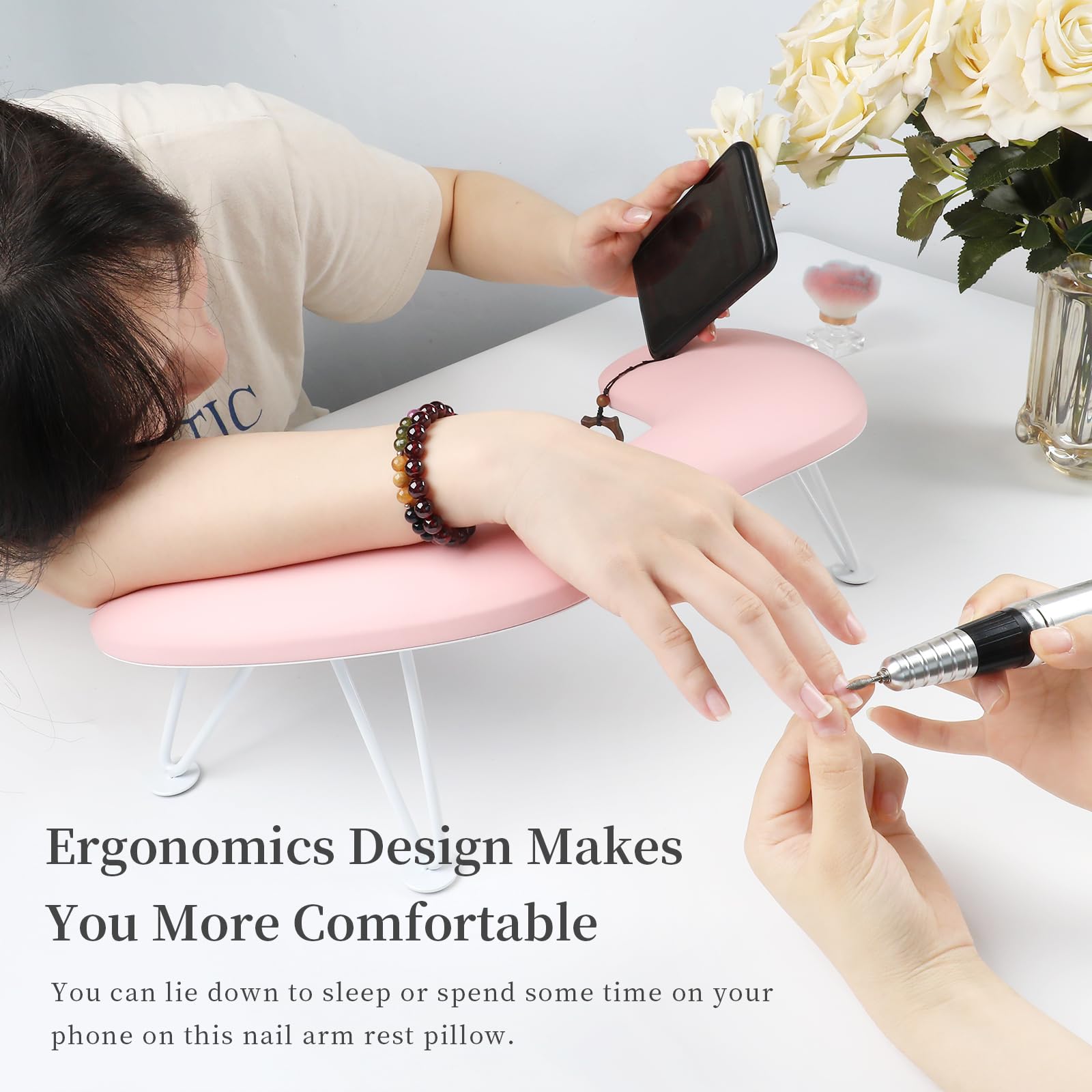 ANGNYA U-Shaped Nail Tech Arm Rest - Microfiber PU Leather Hand Rest Pillow with Detachable Brackets for Acrylic & Gel Nails - Perfect for Salon Professionals & Home Manicures (Pink)