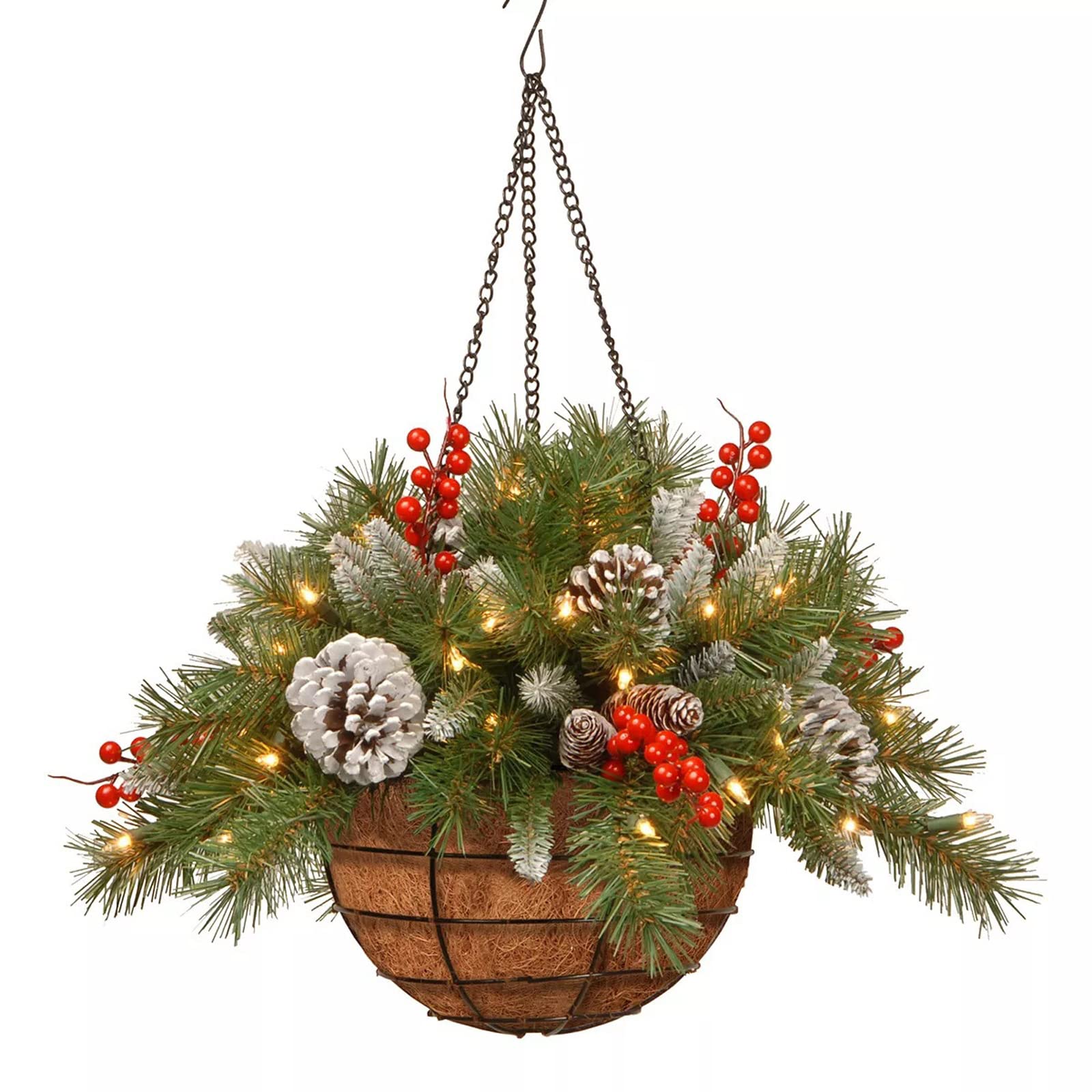 18 Inch Artificial Christmas Hanging Basket with Frosted Berries & Pine Cones - LED Lighted Holiday Decoration for Indoor/Outdoor Christmas Decor