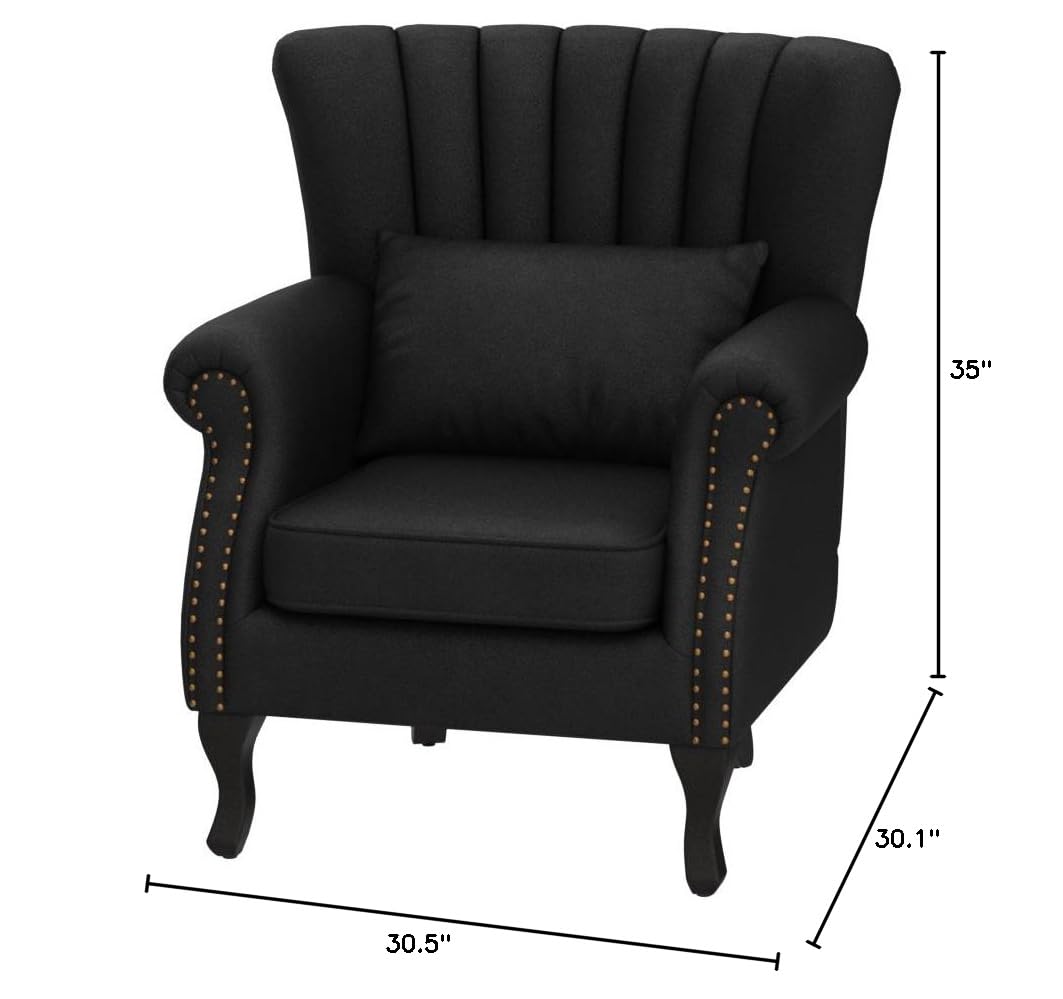 Mid-Century Modern Velvet Tufted Wingback Accent Armchair with Pillow - Stylish Lounge Chair for Living Room, Bedroom, or Office - Black