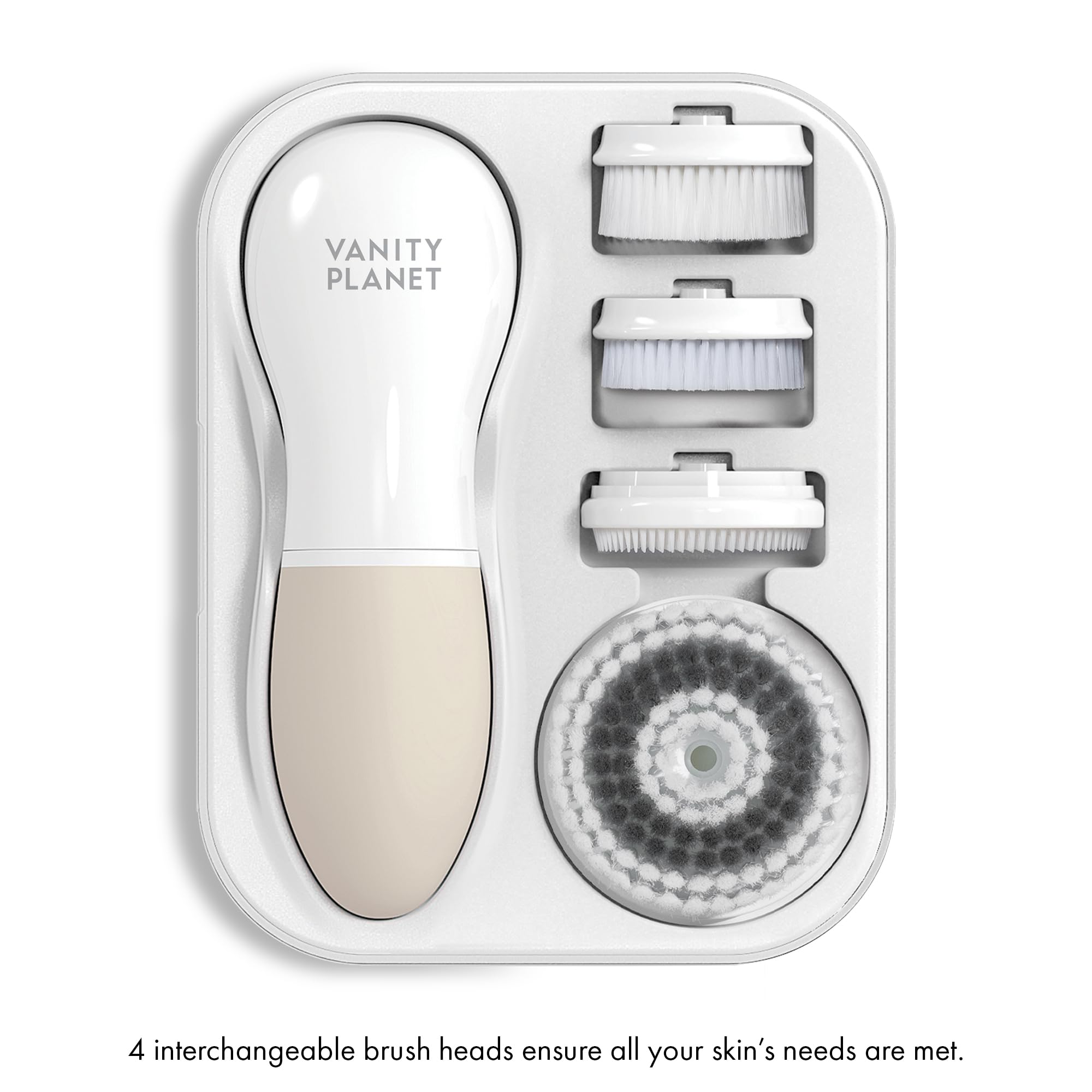 Vanity Planet Raedia Handheld Facial Cleansing Brush with 4 Interchangeable Brush Heads - Waterproof Electric Face Exfoliator for Daily Skin Cleansing - Lightweight Design for Glowing Skin (Warm Grey) - Perfect for Travel, Home Spa & Skincare Routine